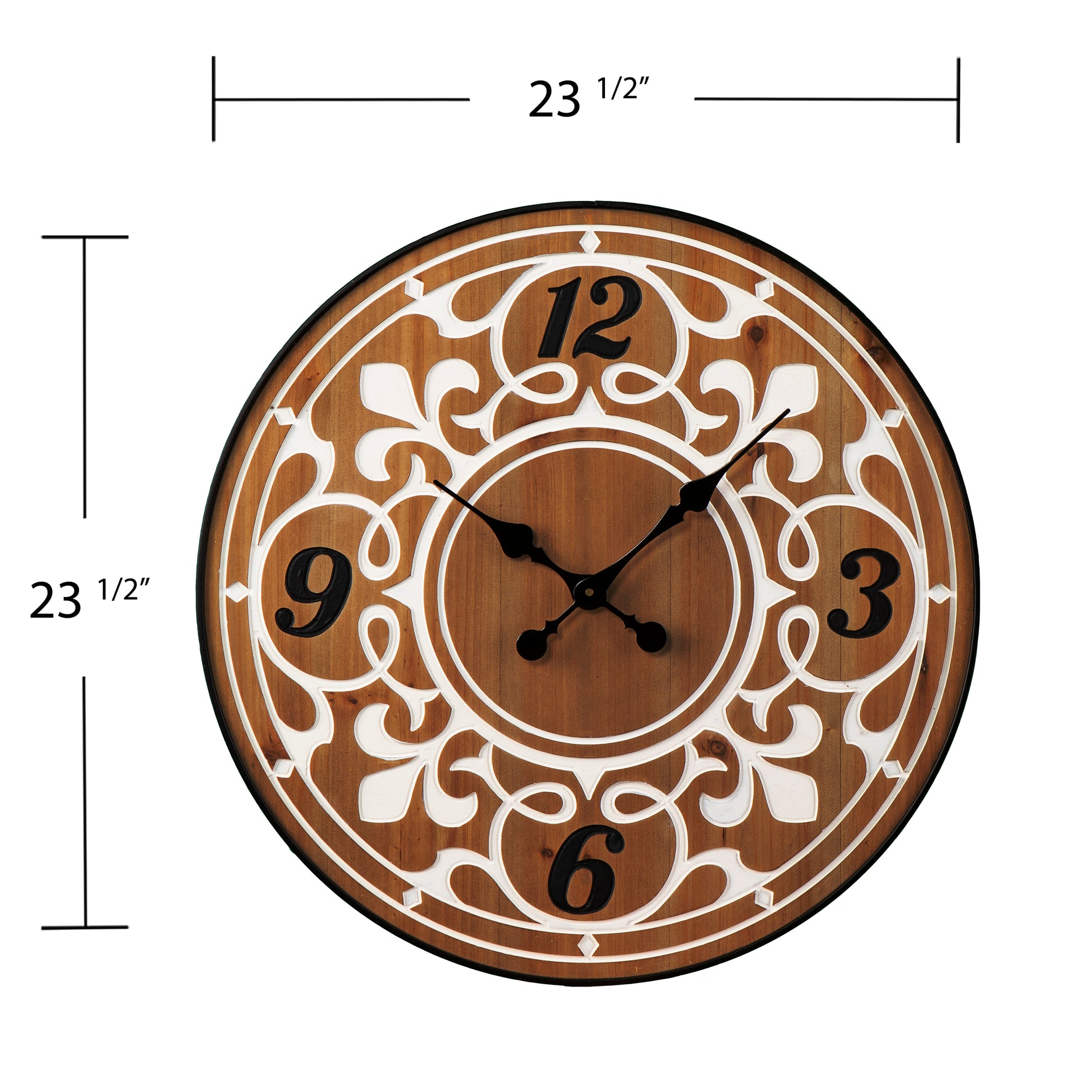 inch round wood and white scroll decorative wall clock
