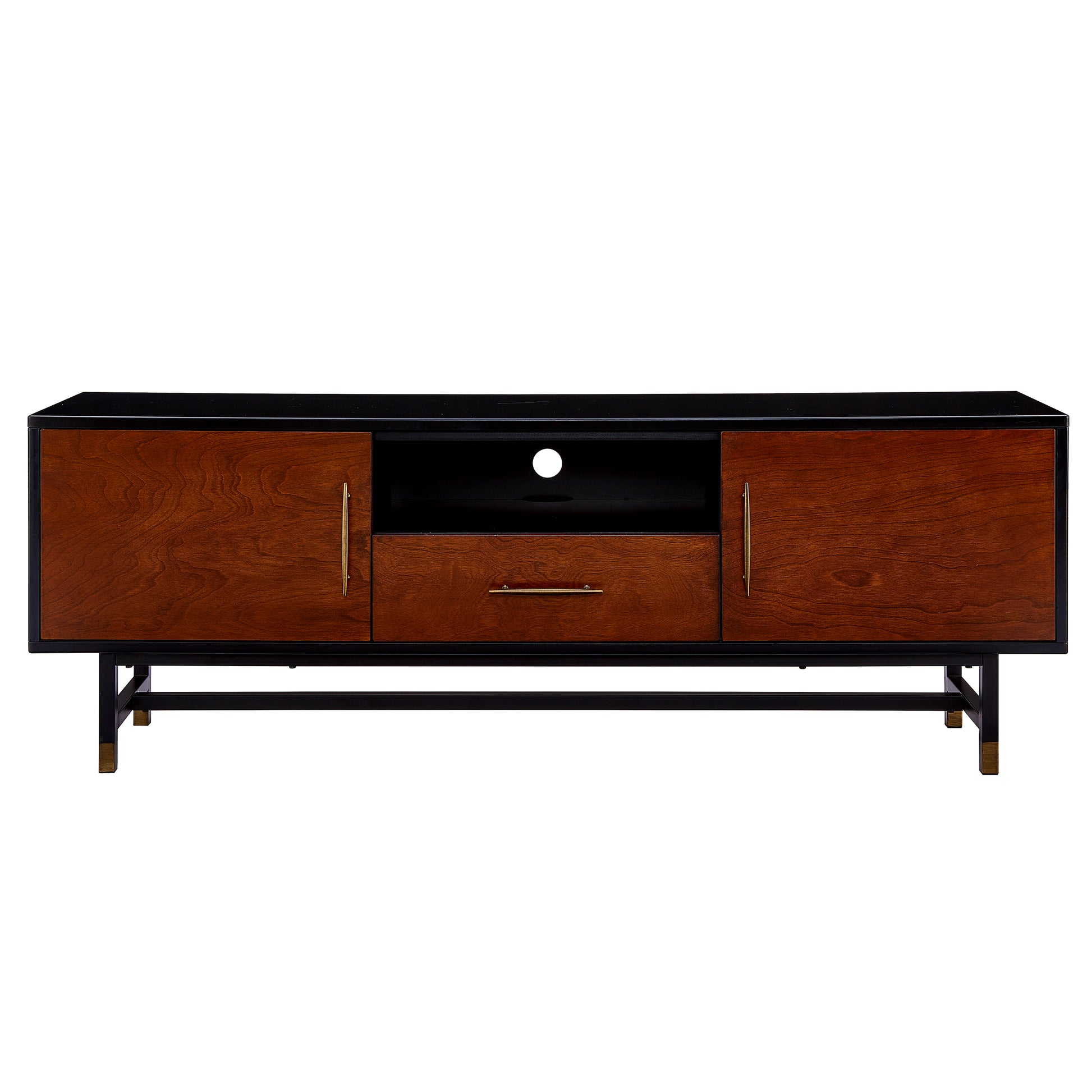 Midcentury modern TV stand with cherry wood finish black top and brass handles