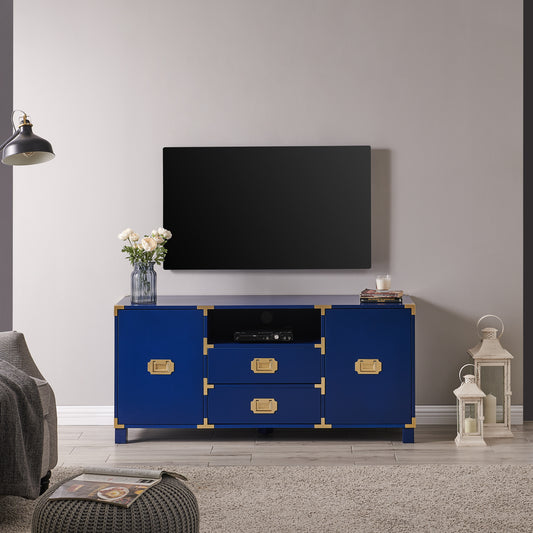 Rich navy blue media console with brass hardware and three drawers for storage