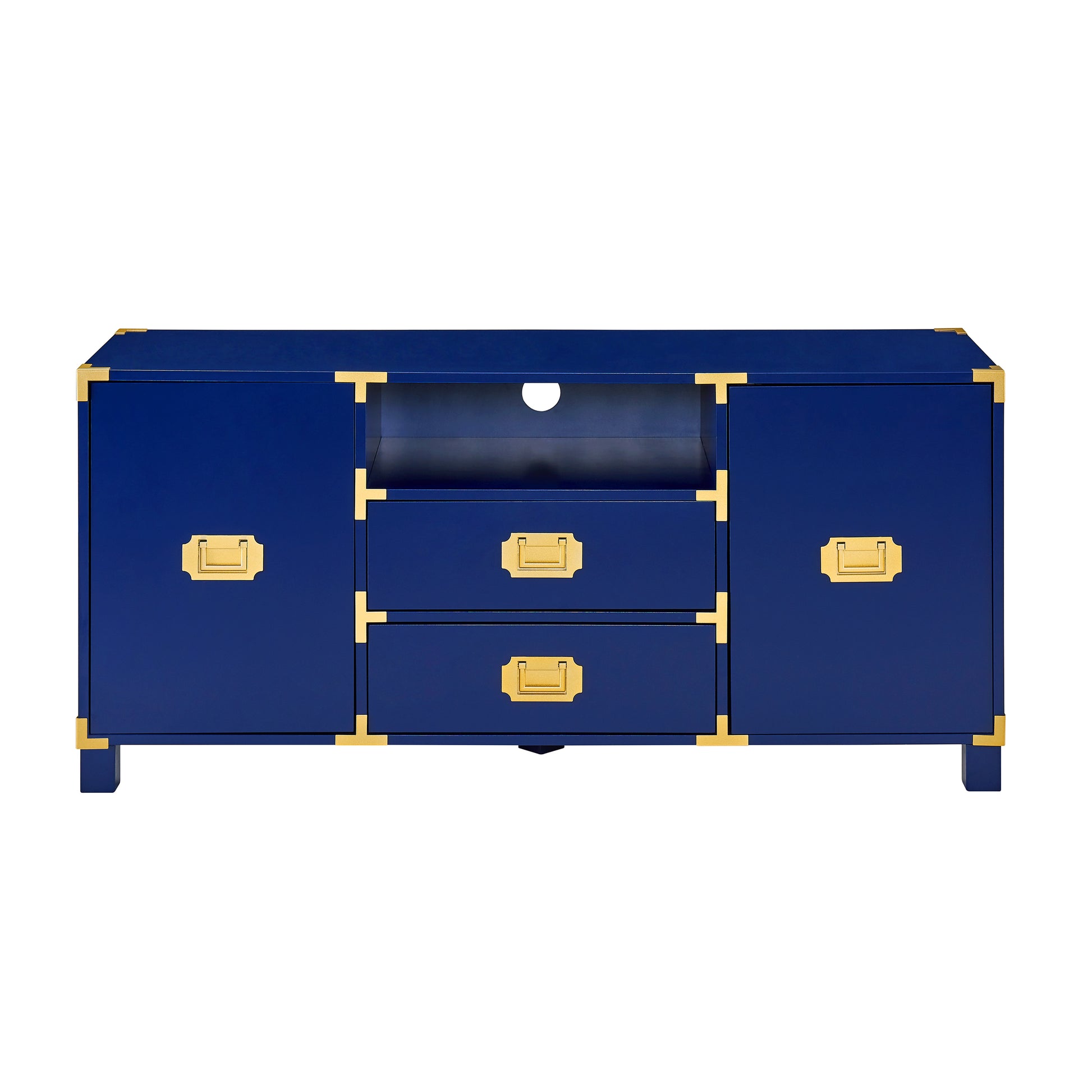 Navy blue campaign media console with brass hardware and two drawers