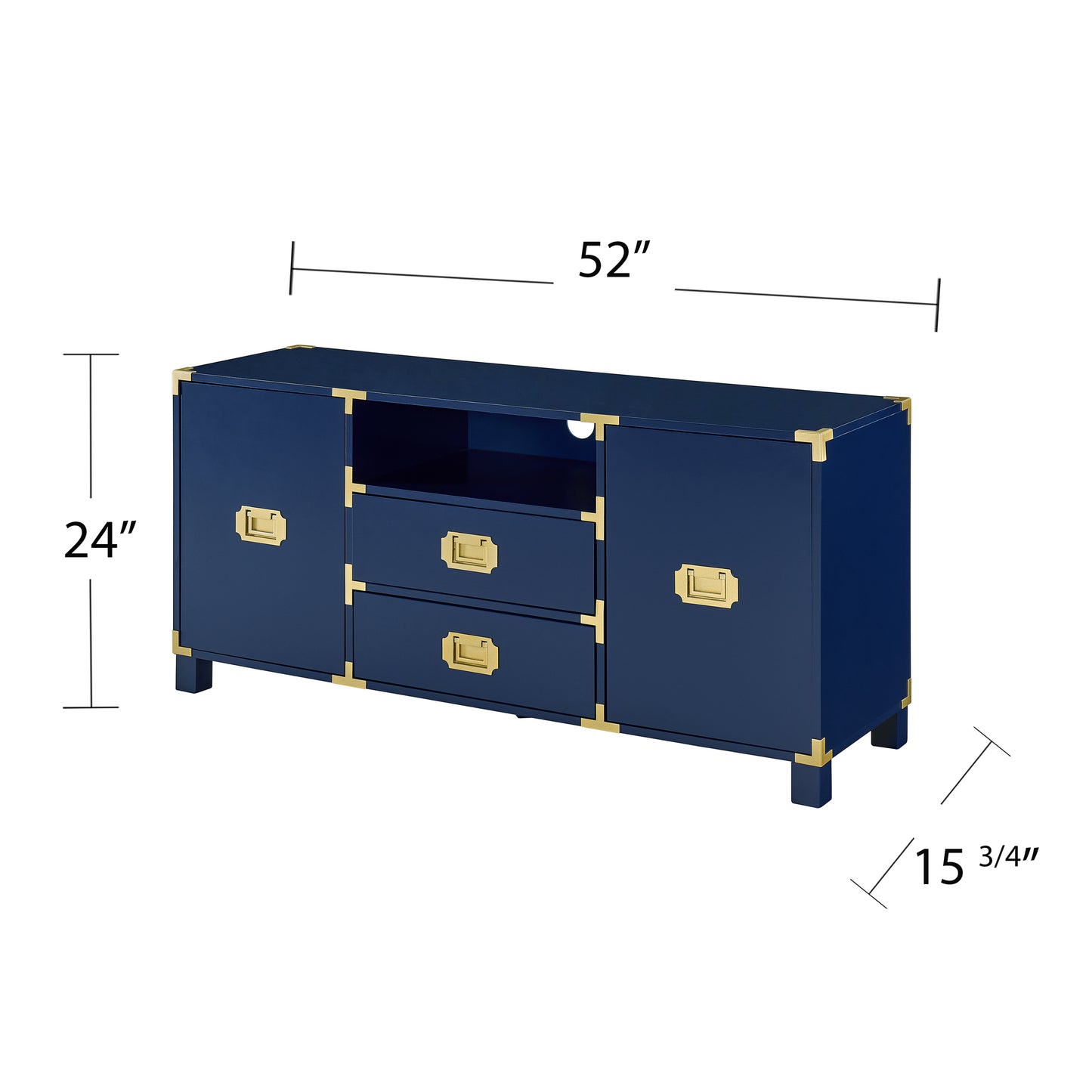 Navy campaign style media console with brass hardware and three drawers