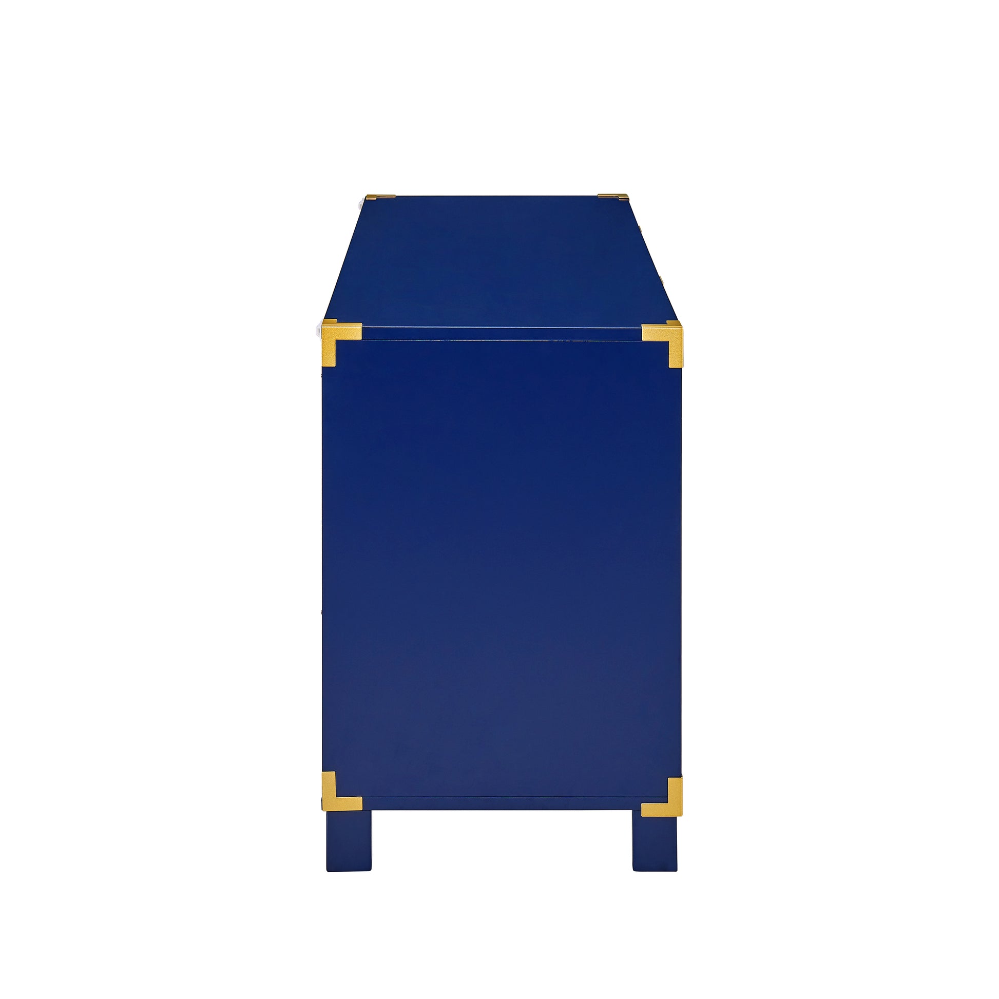 Sleek navy blue campaign chest with brass corner accents ideal for storage