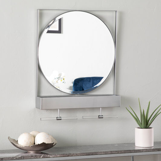 Round silver mirror with integrated shelf and acrylic towel bars