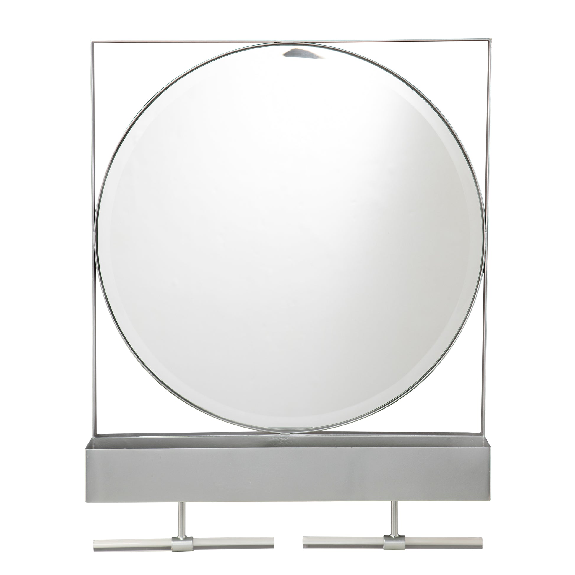 Round vanity mirror with brushed nickel frame and integrated tray perfect for makeup application
