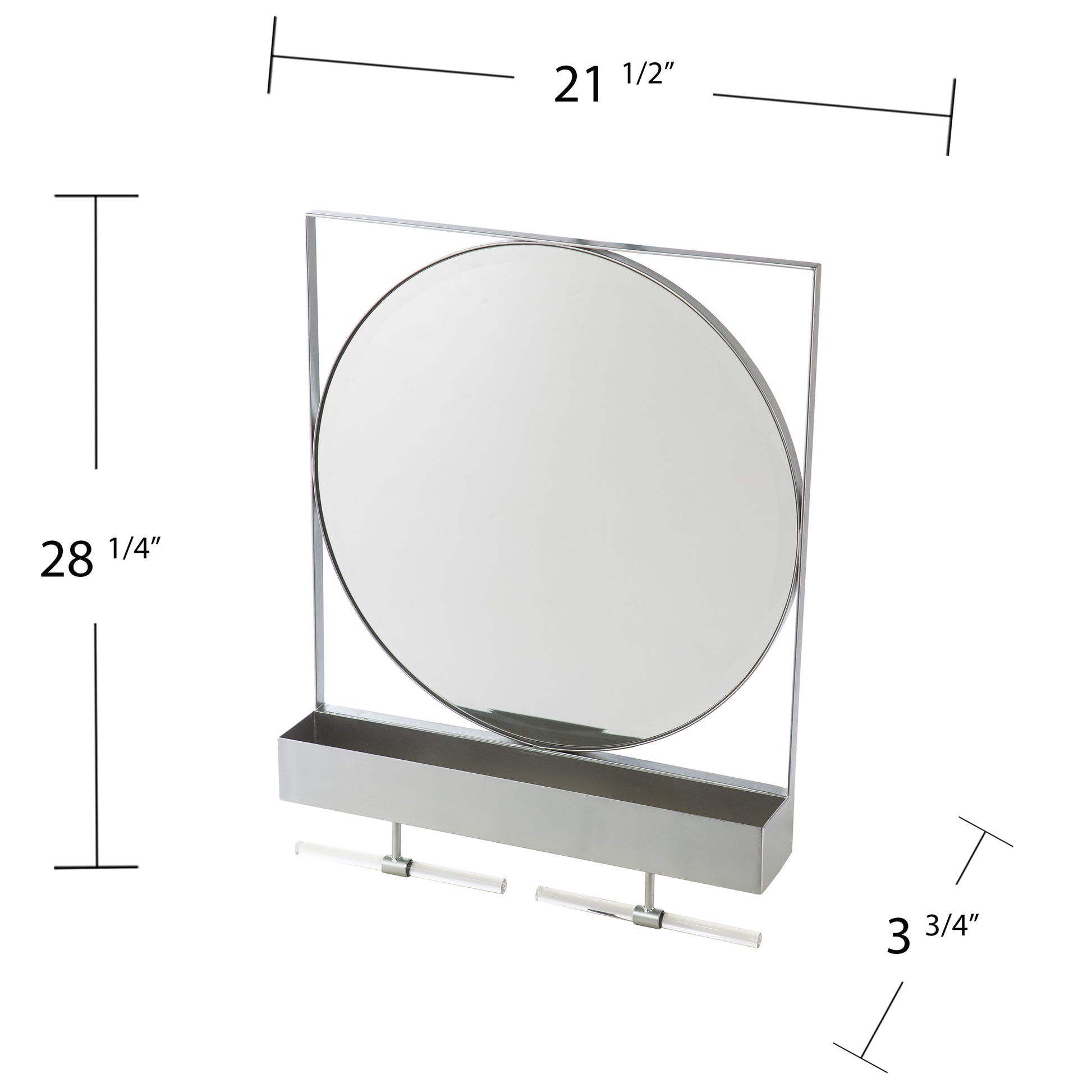 Modern round vanity mirror with chrome frame and glass rod accents