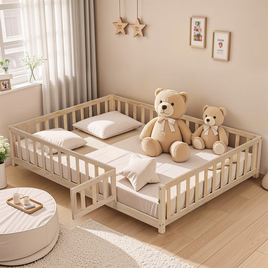 Natural wood toddler bed with safety rails and teddy bears