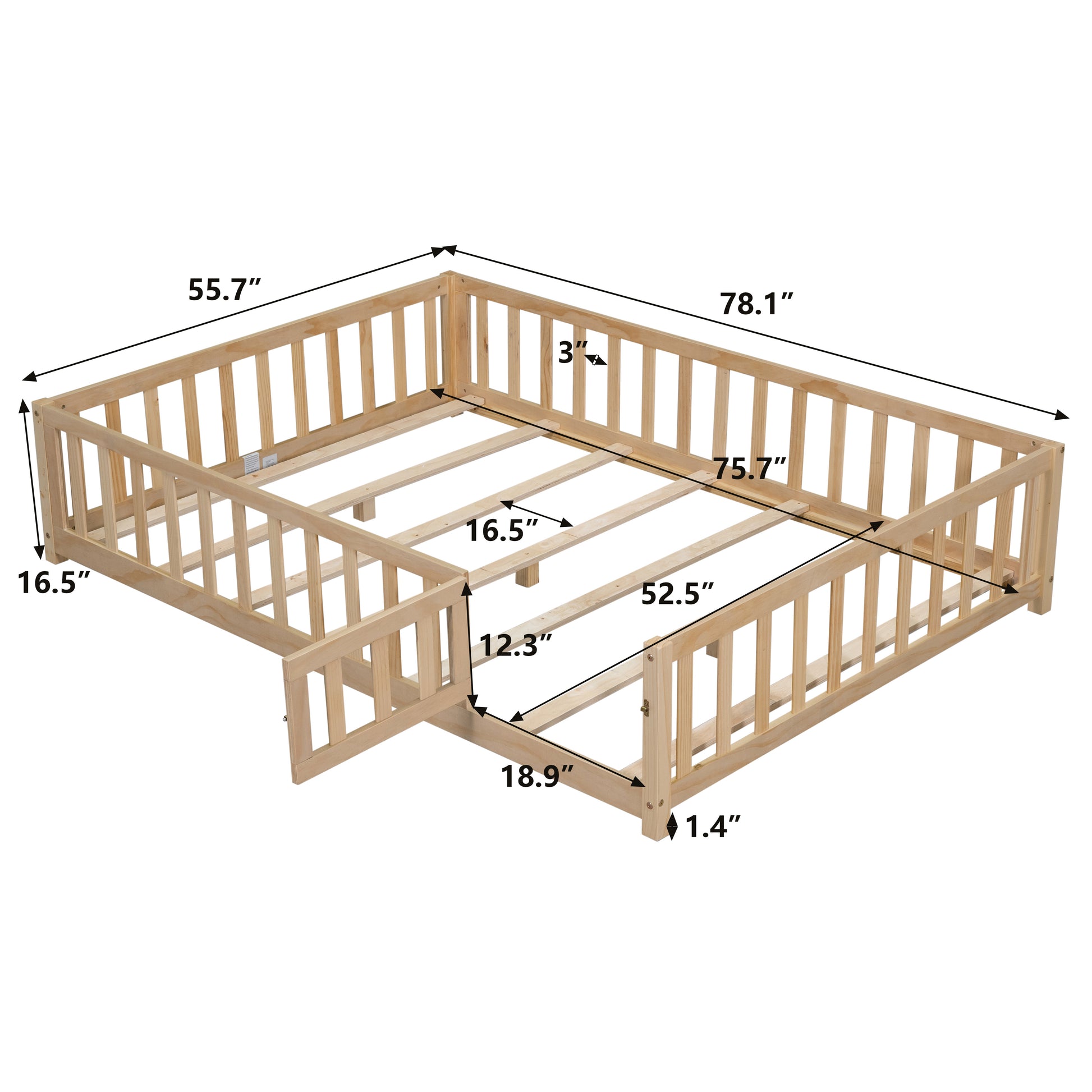 Natural wood toddler bed frame with integrated safety rails and slats