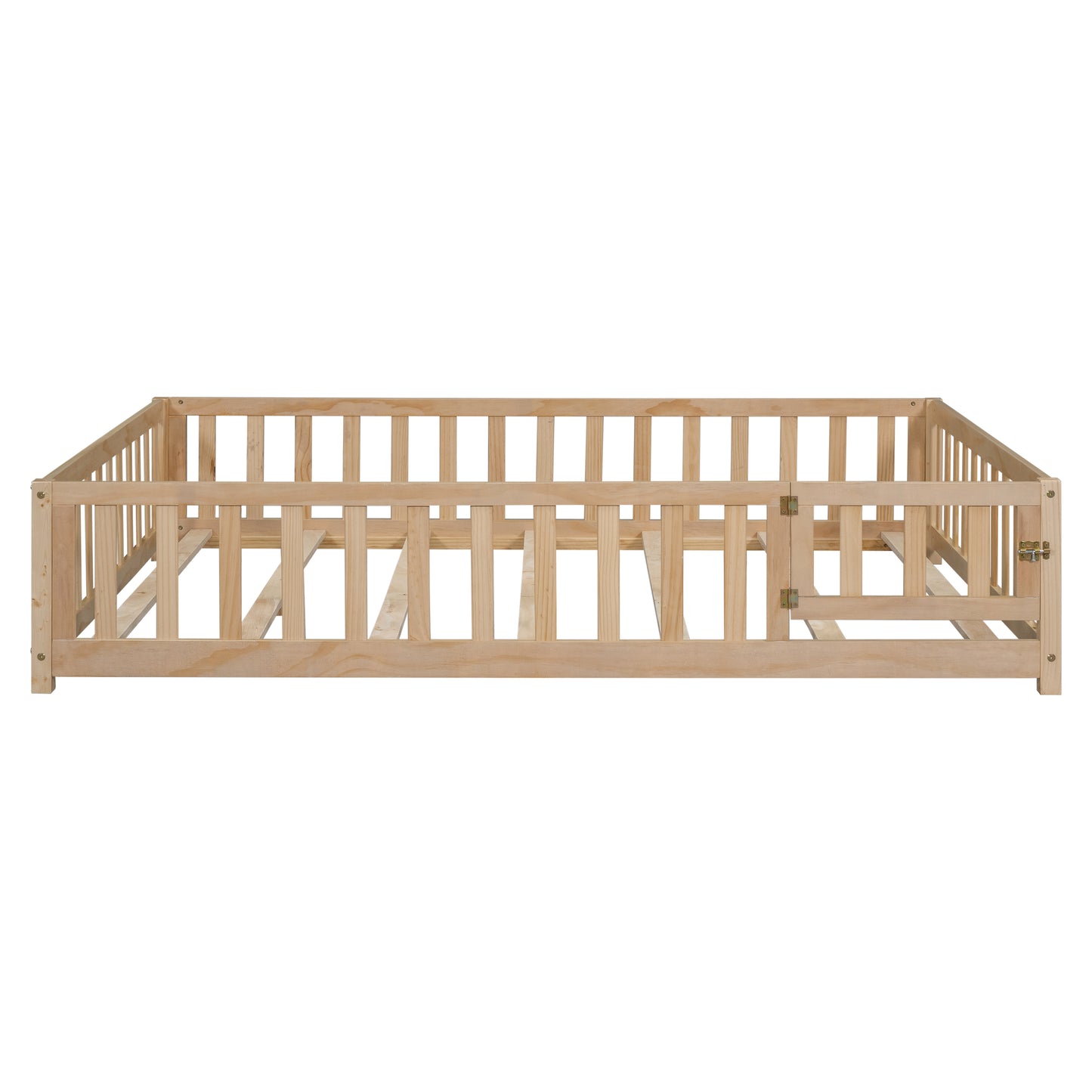 Natural wood toddler bed frame with safety rails and gate