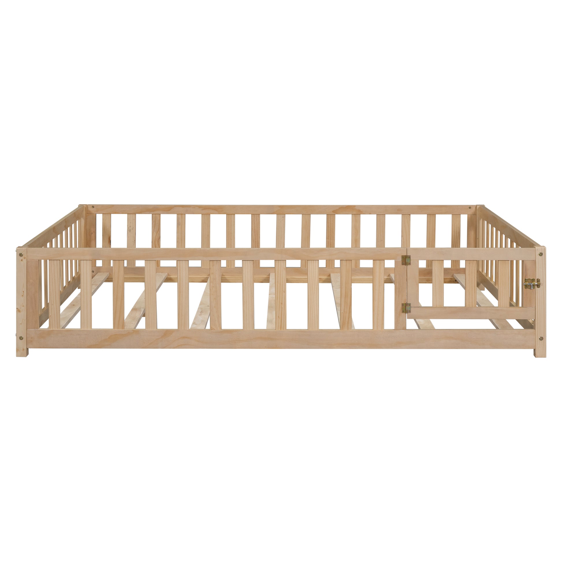 Natural wood toddler bed frame with safety rails and gate