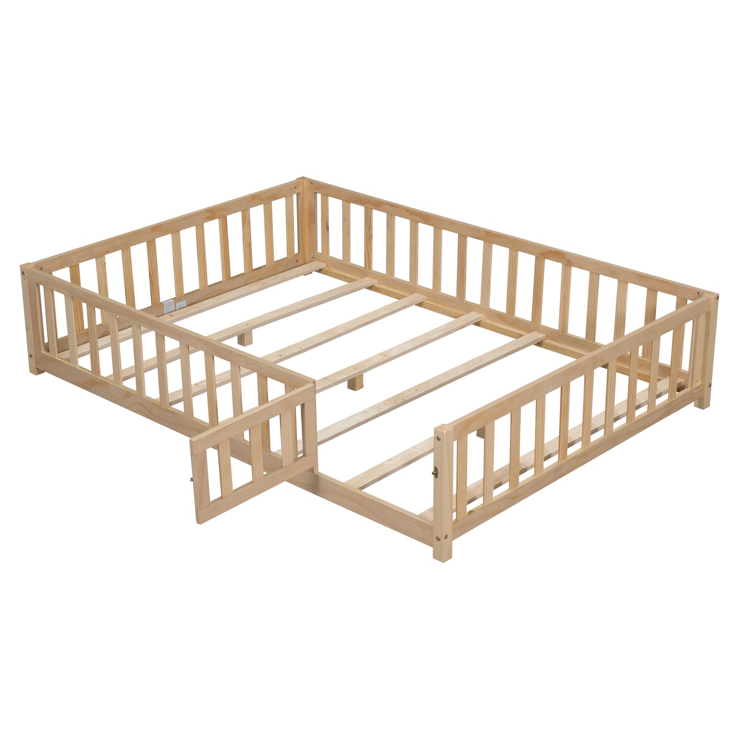 Natural wood toddler bed frame with slatted guardrails and open doorway