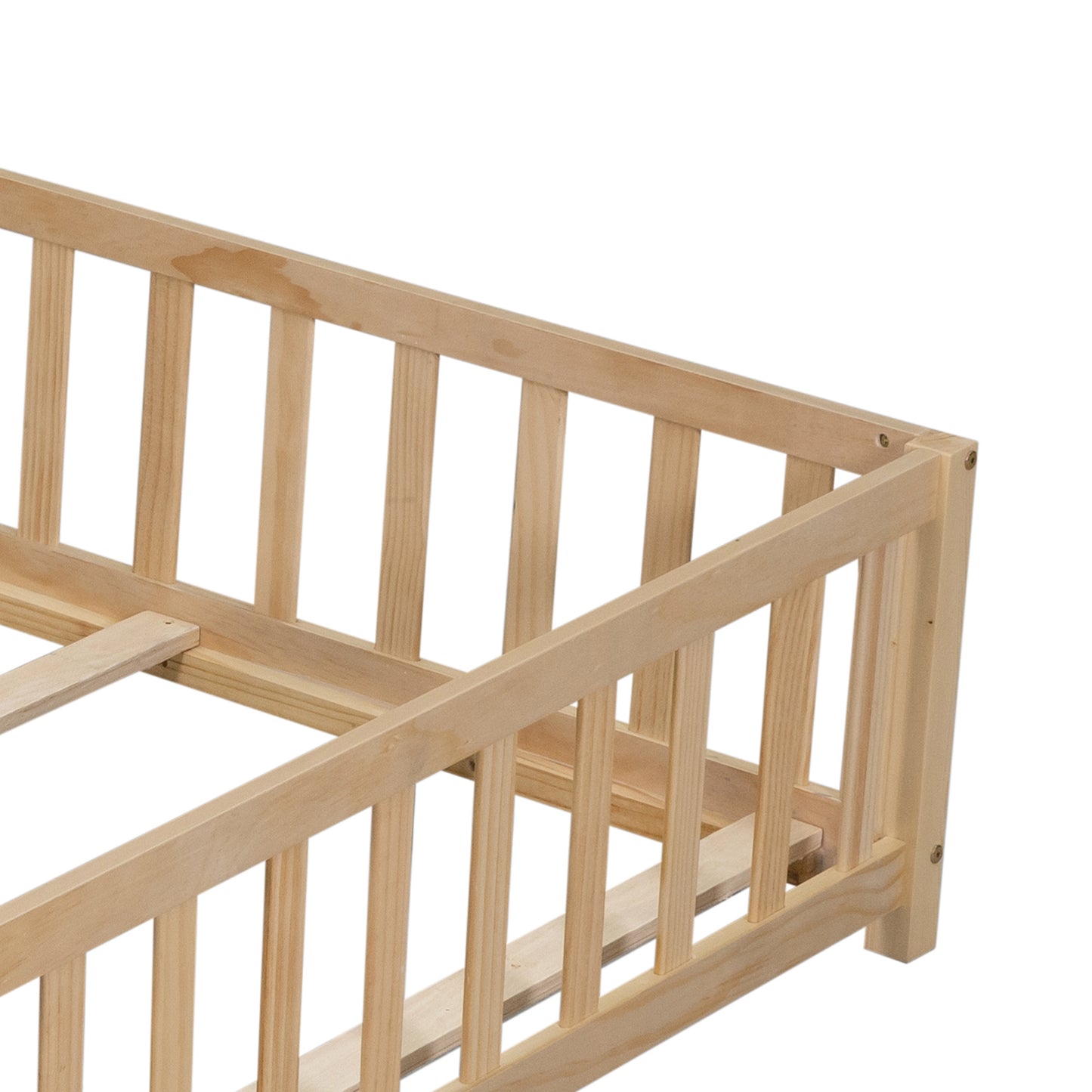 Natural wood toddler bed frame with safety rails