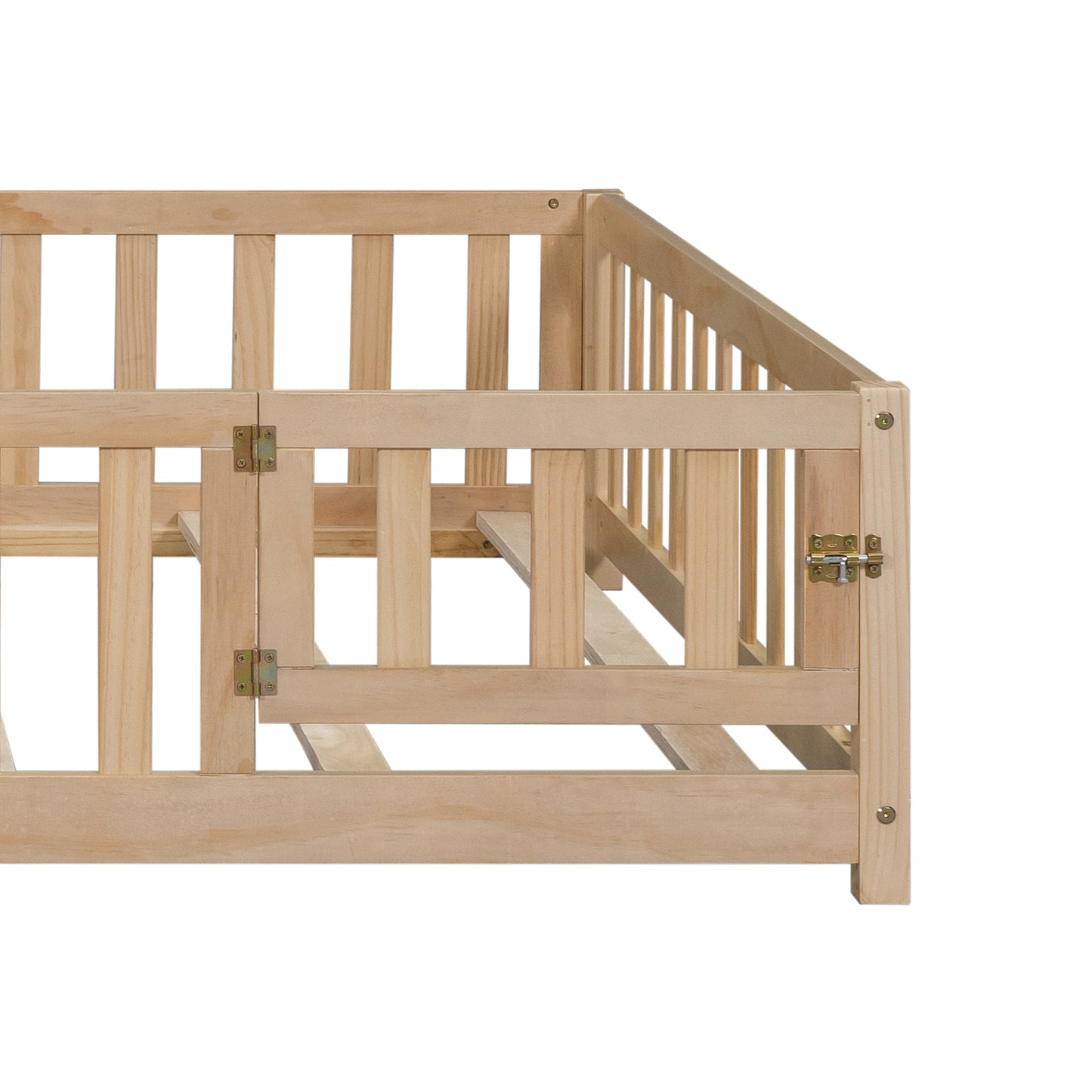 Natural pine wood toddler bed frame with safety rails and a hinged gate