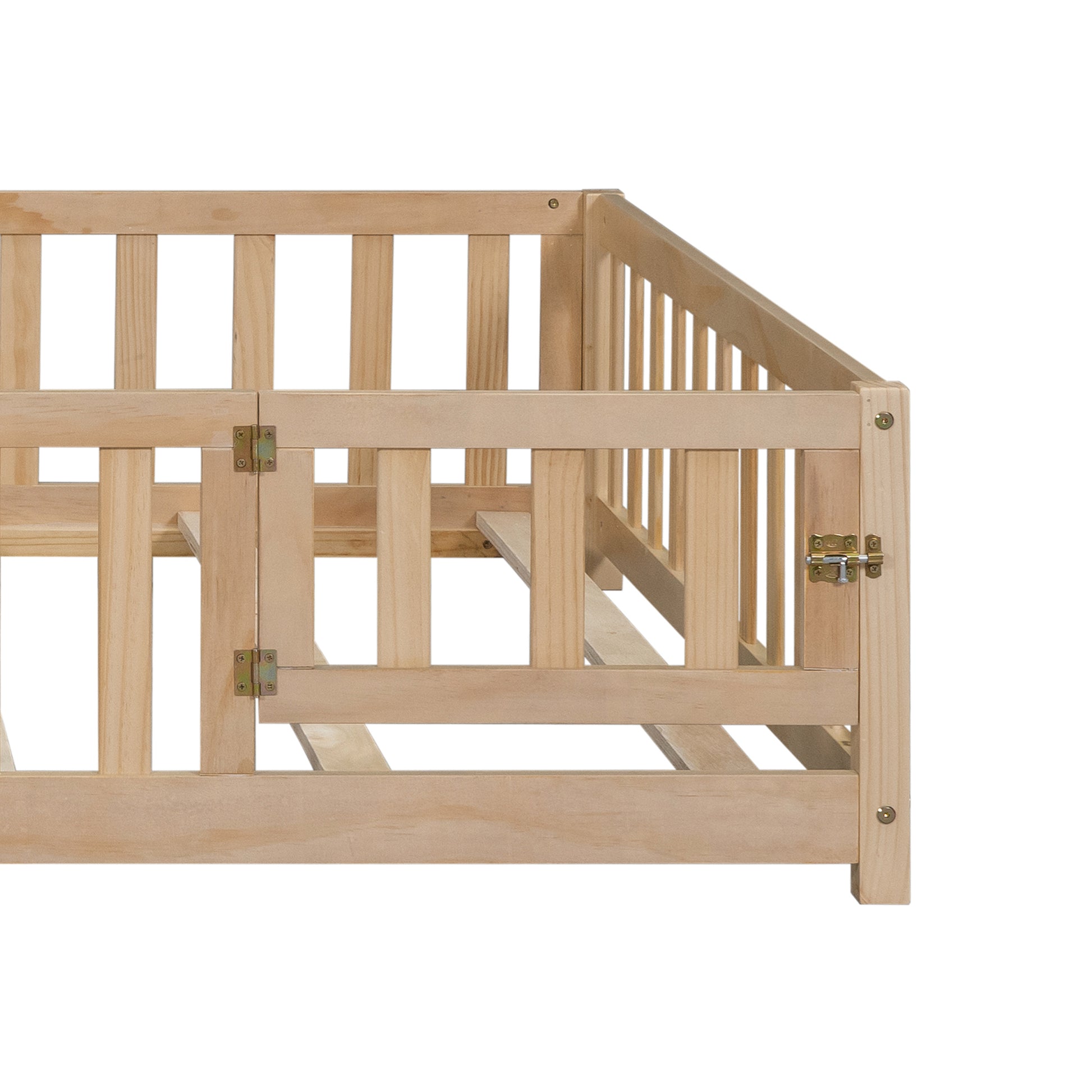 Natural pine wood toddler bed frame with safety rails and a hinged gate