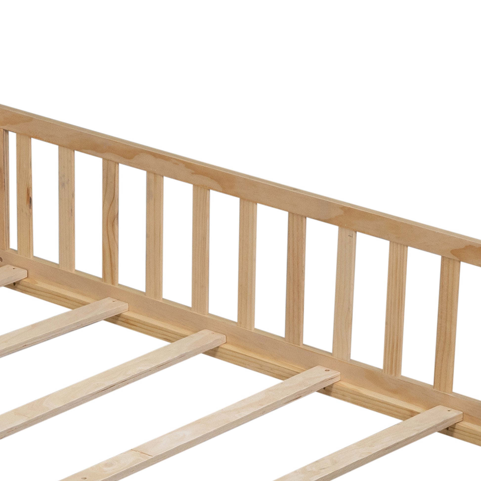 Natural pine wood toddler bed frame with slatted base and safety rails