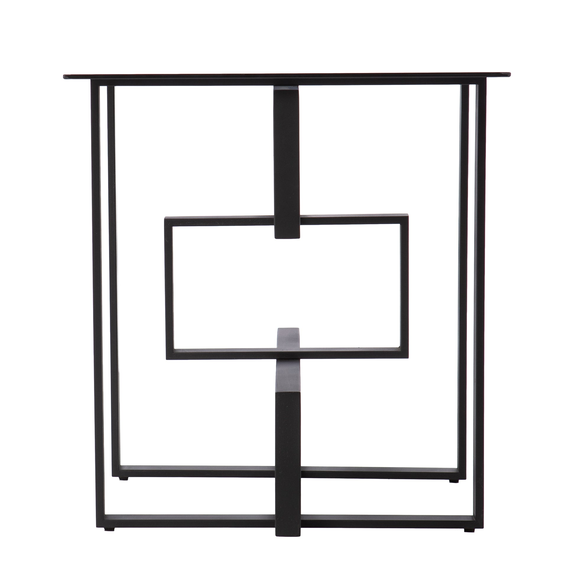 Black metal geometric end table with open shelf