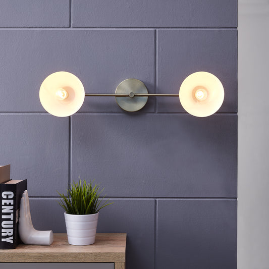 Modern brass doublehead wall sconce with frosted glass shades ideal for ambient lighting