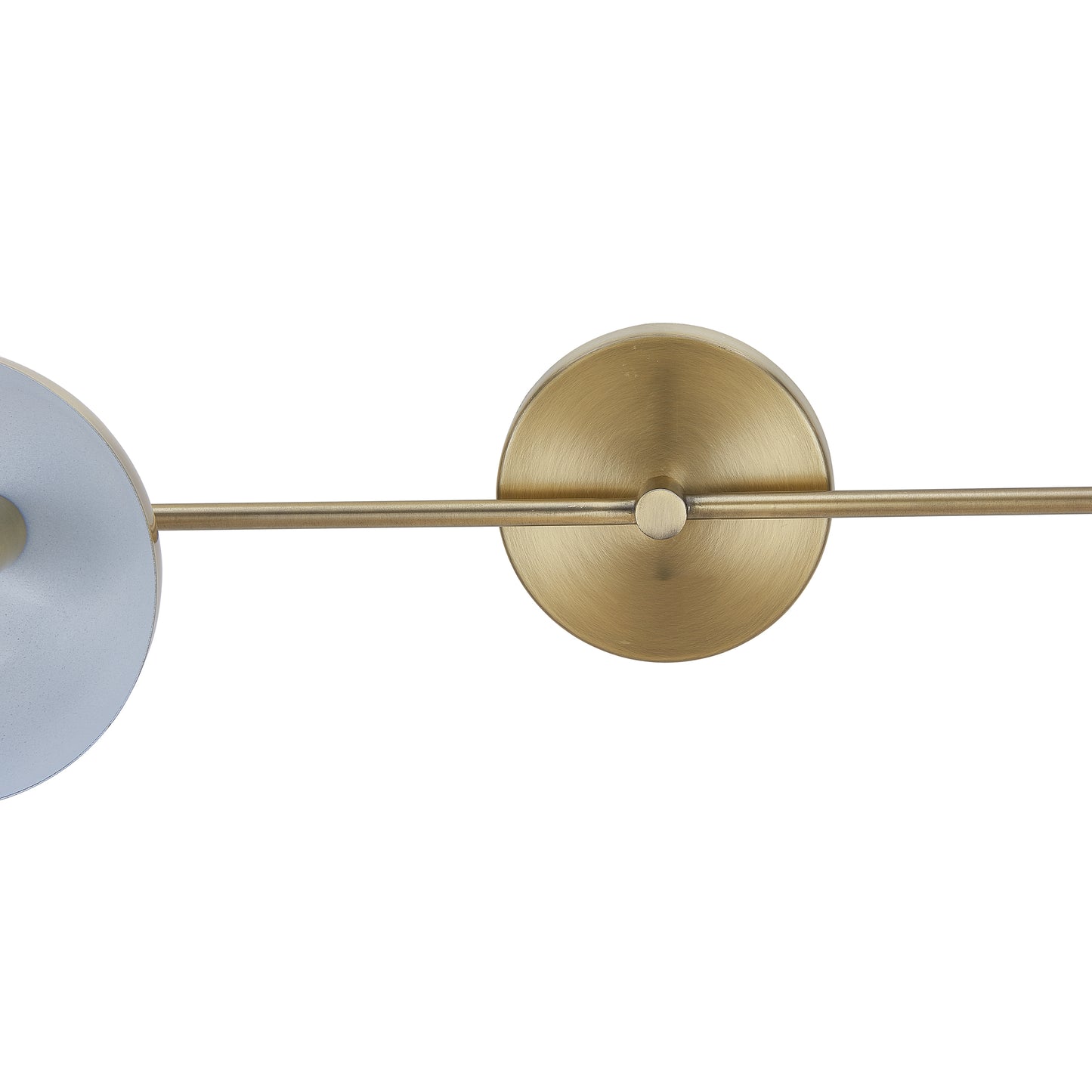 Modern brass sconce with two circular light fixtures one blue one brass