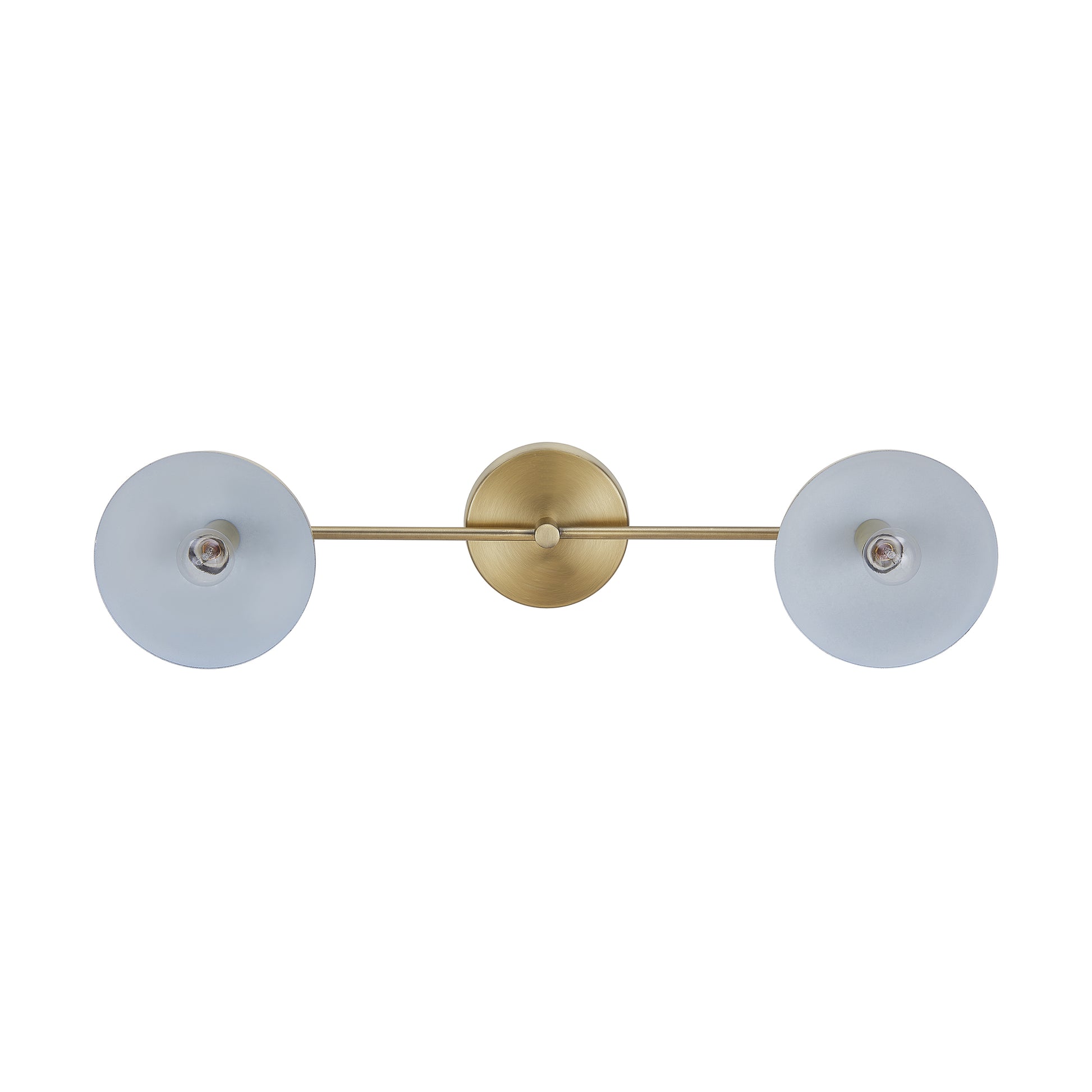 Modern brass sconce with frosted glass shades and visible bulbs