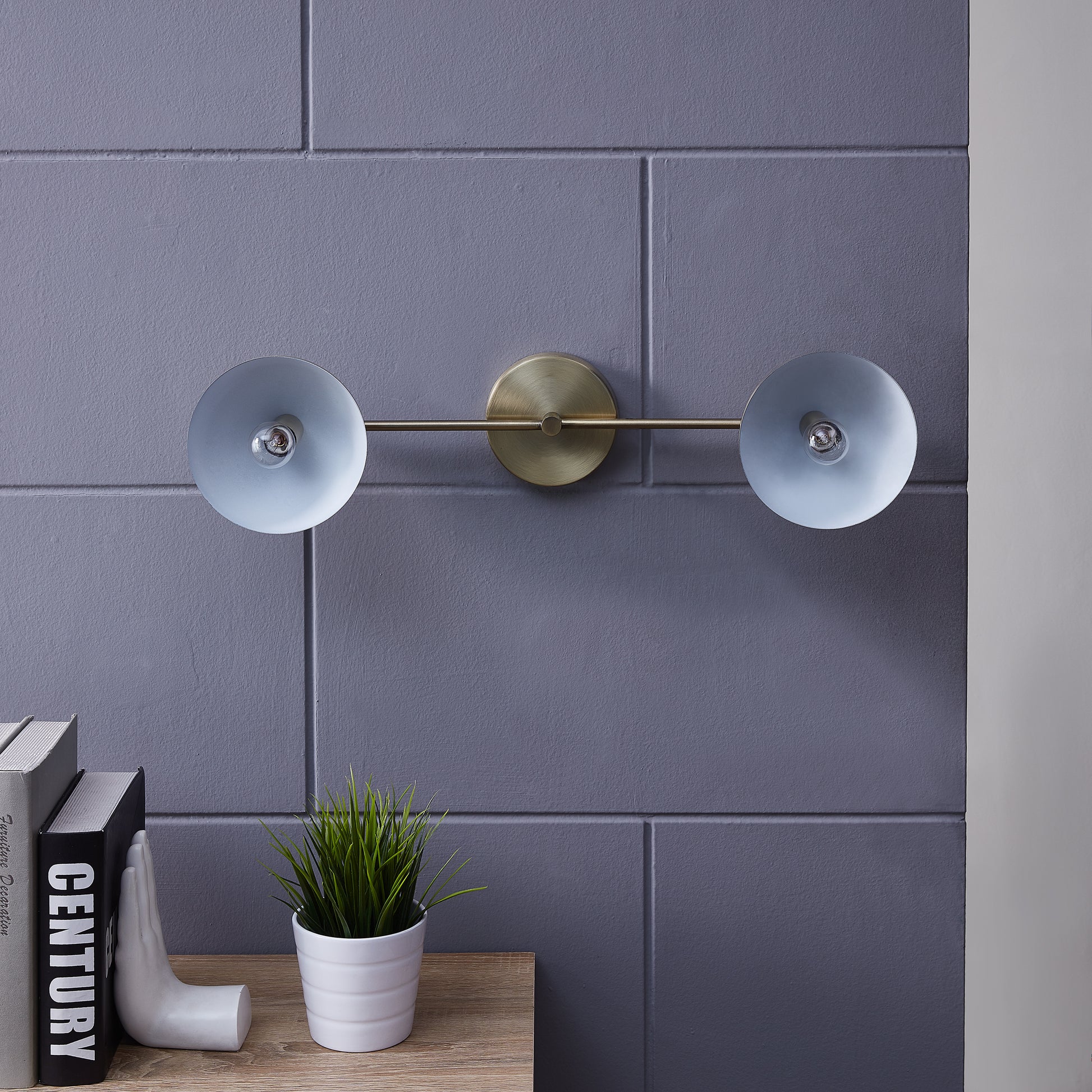 Modern brass doublehead wall lamp with matte grey shades