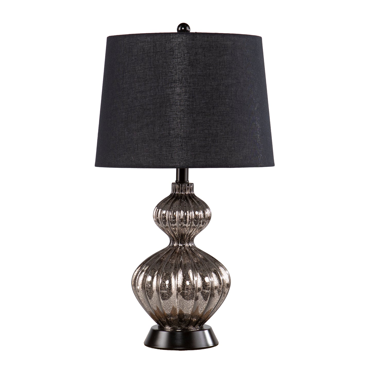 Textured black fabric lampshade with a distressed silver glass base and black accent