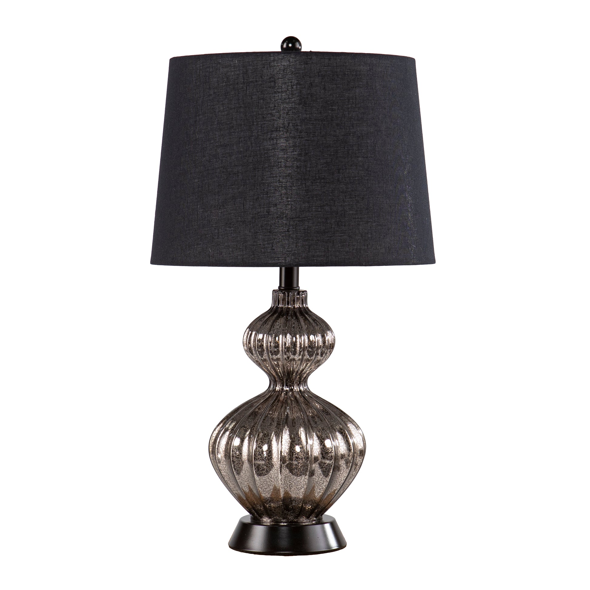 Textured black fabric lampshade with a distressed silver glass base and black accent