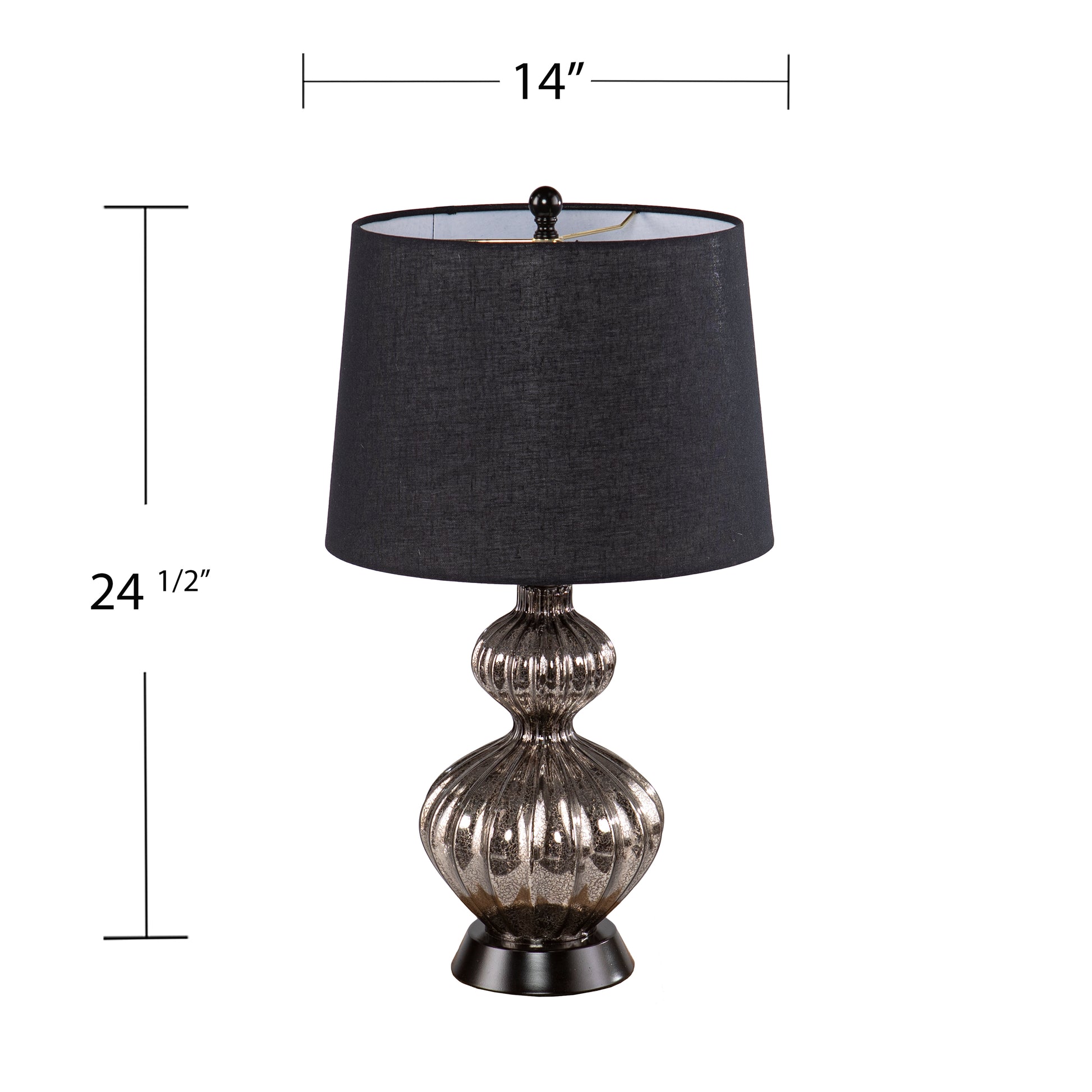 Antique silver table lamp with black drum shade  inches tall