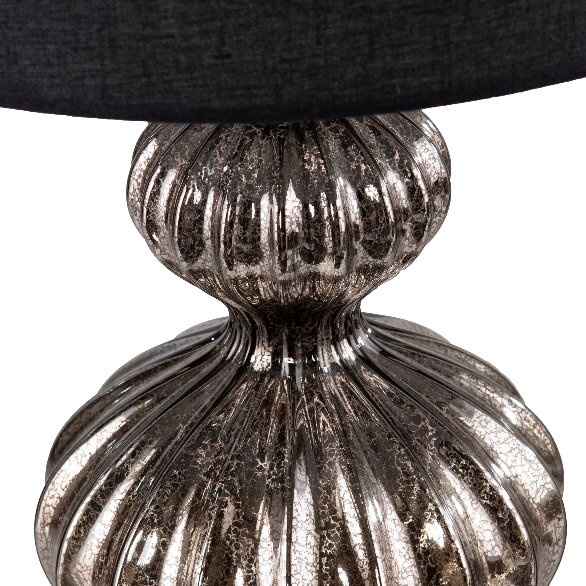 Textured silver glass table lamp base with black linen shade