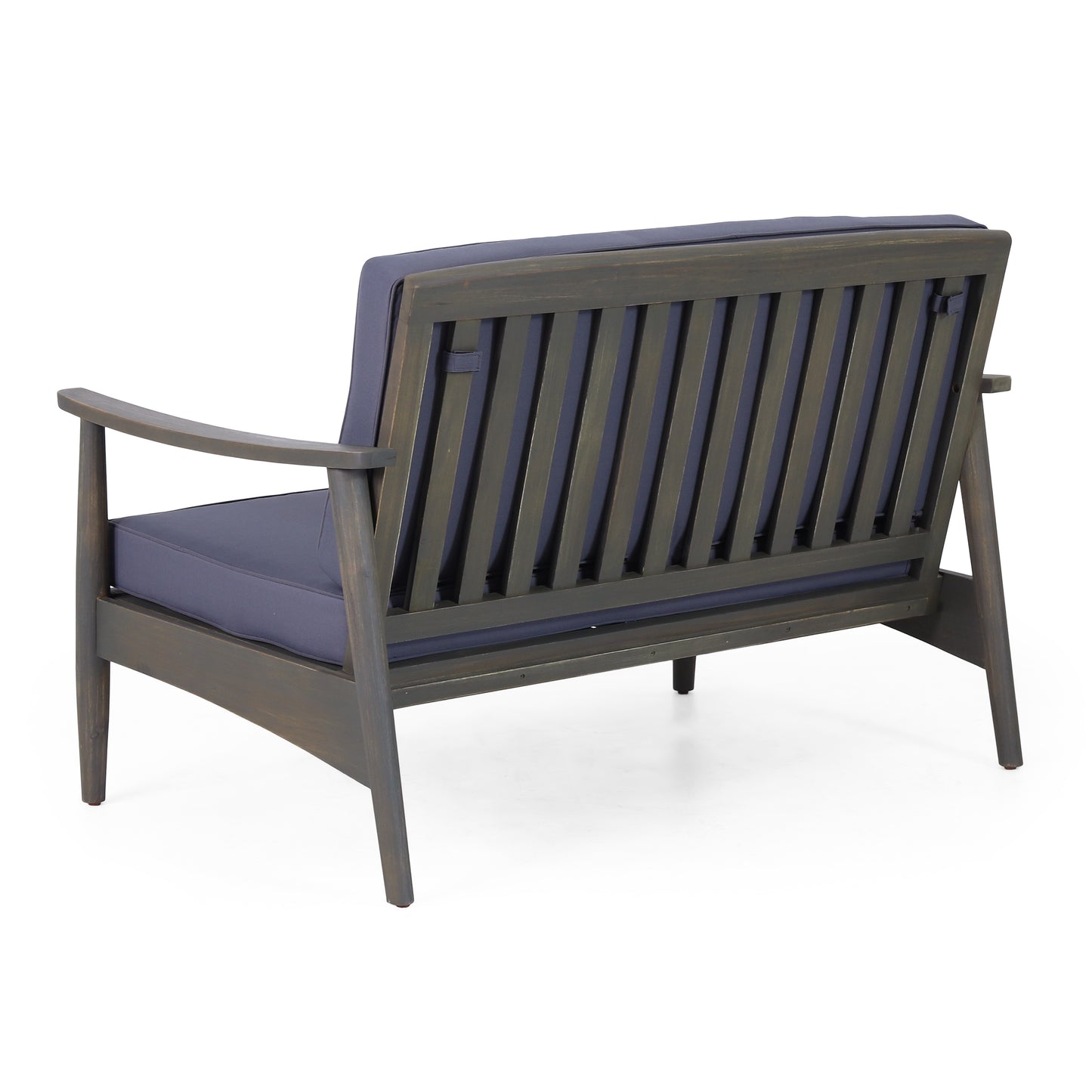Dark gray wooden patio loveseat with navy blue cushions and slatted backrest