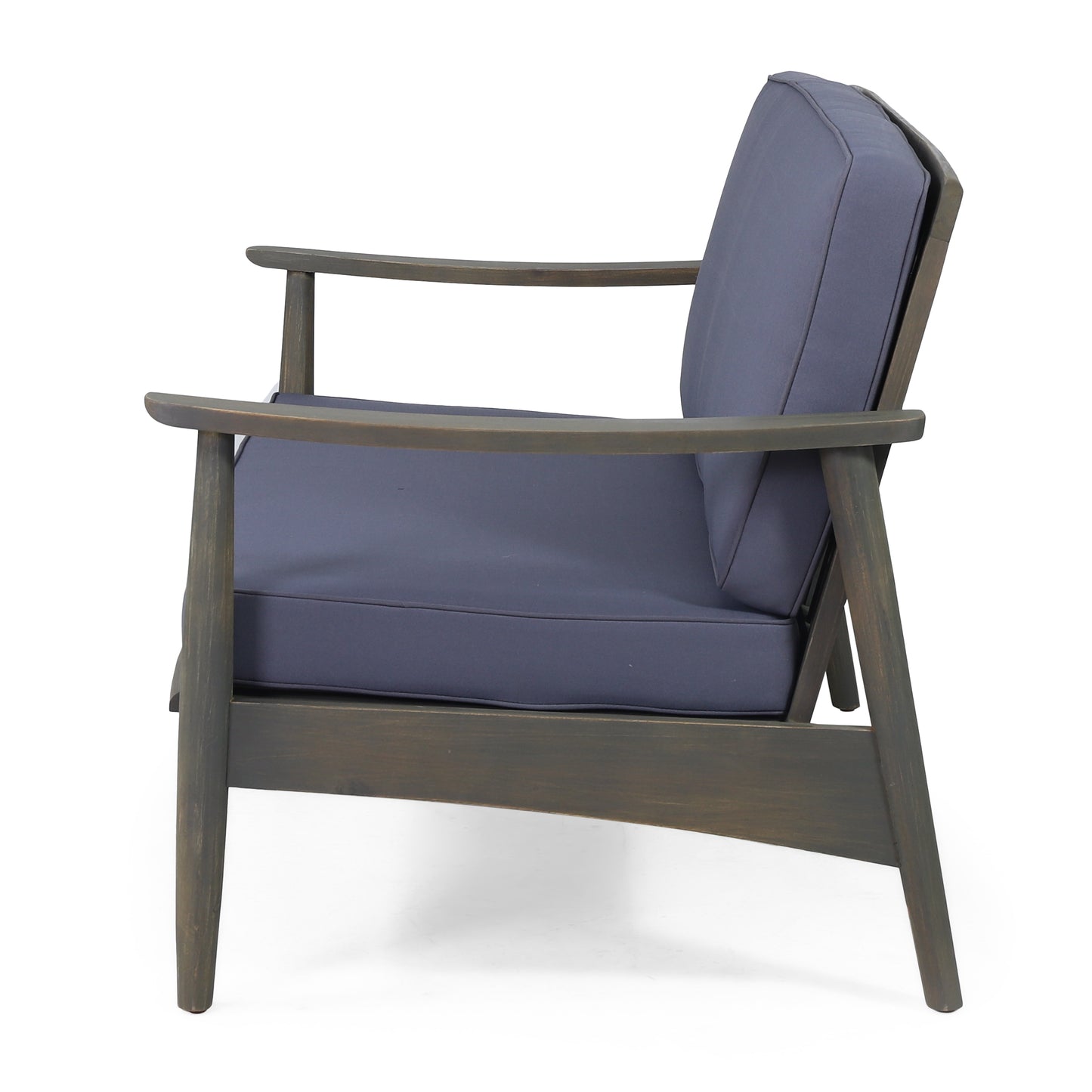 Dark wood accent chair with plush navy cushions perfect for a modern living room