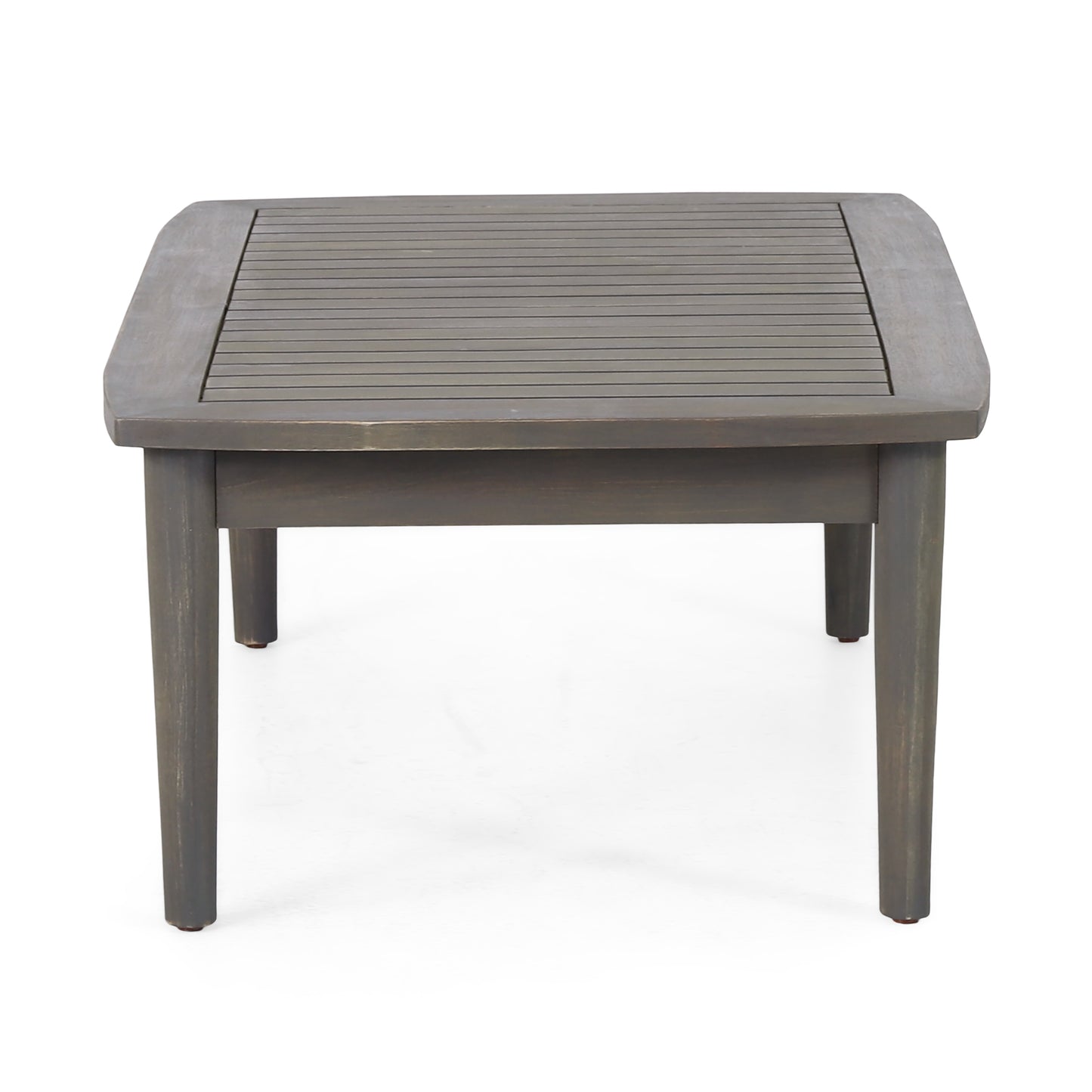 Distressed grey wood slatted top square coffee table with tapered legs