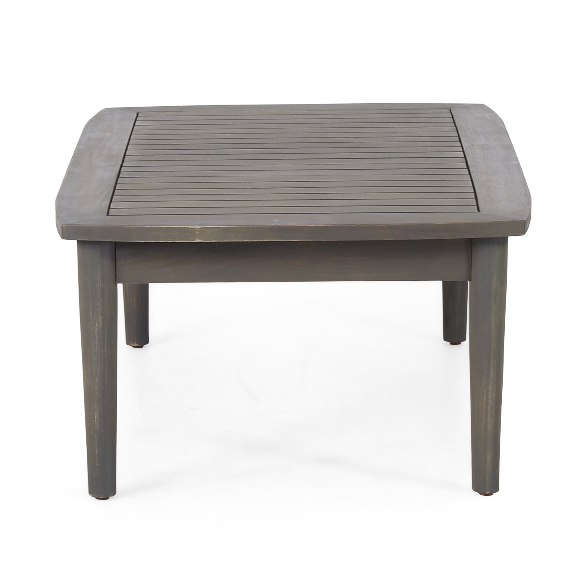 Distressed grey wood slatted top square coffee table with tapered legs