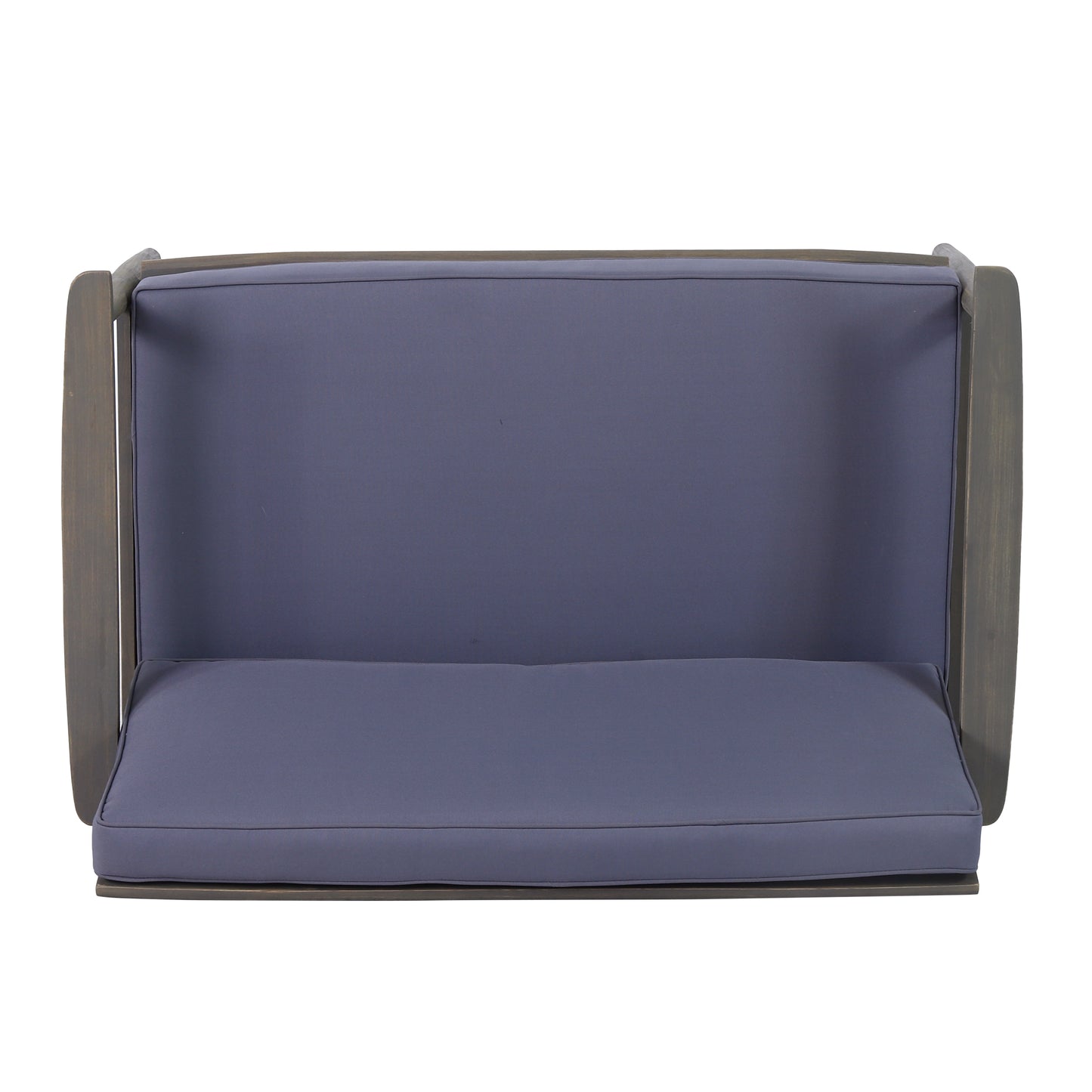 Dark gray wooden frame outdoor loveseat with deep blue seat cushions