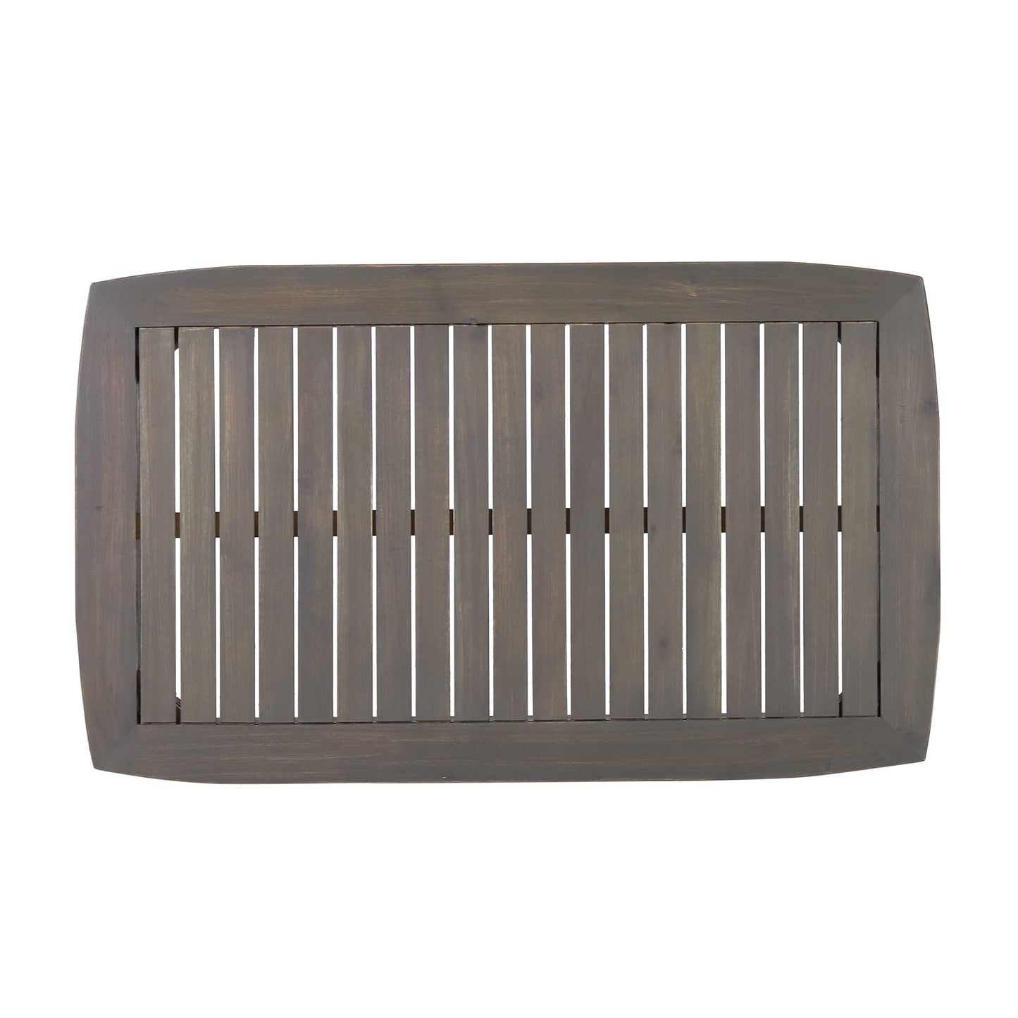 Dark grey slatted wood tabletop with rounded corners ideal for patio dining