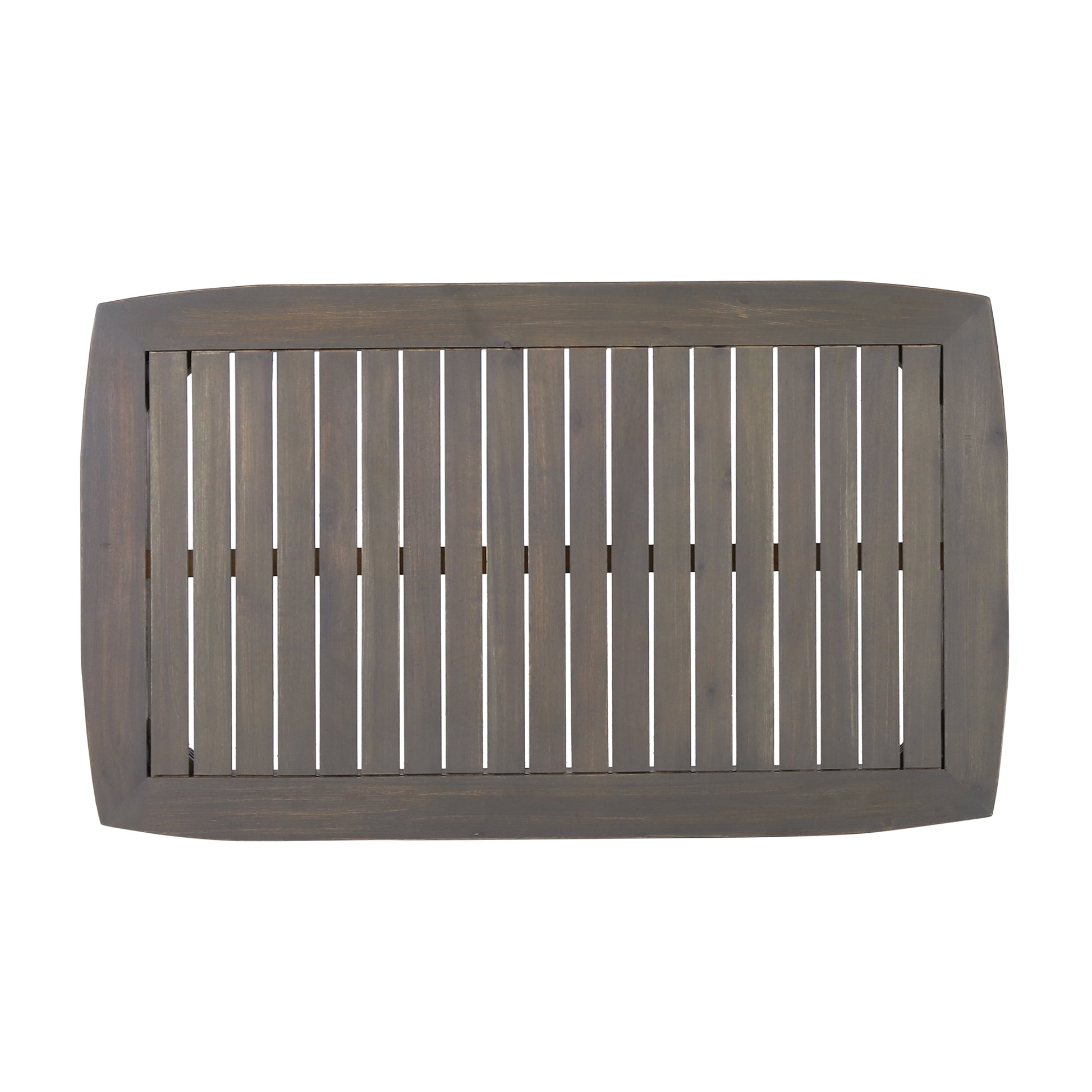 Dark grey slatted wood tabletop with rounded corners ideal for patio dining