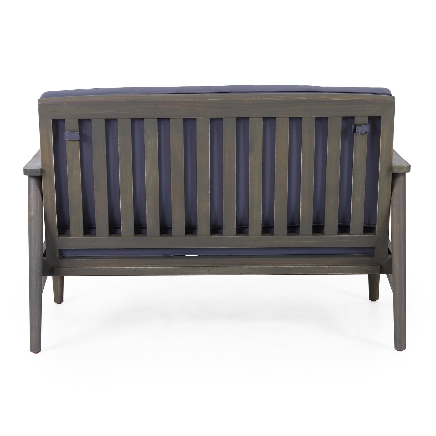 Dark grey wooden outdoor bench with navy cushions slatted back design
