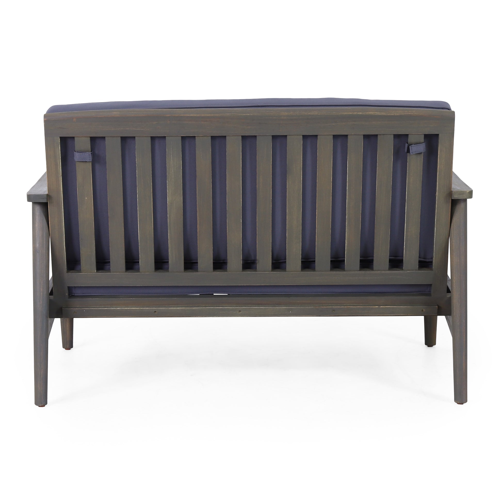 Dark grey wooden outdoor bench with navy cushions slatted back design