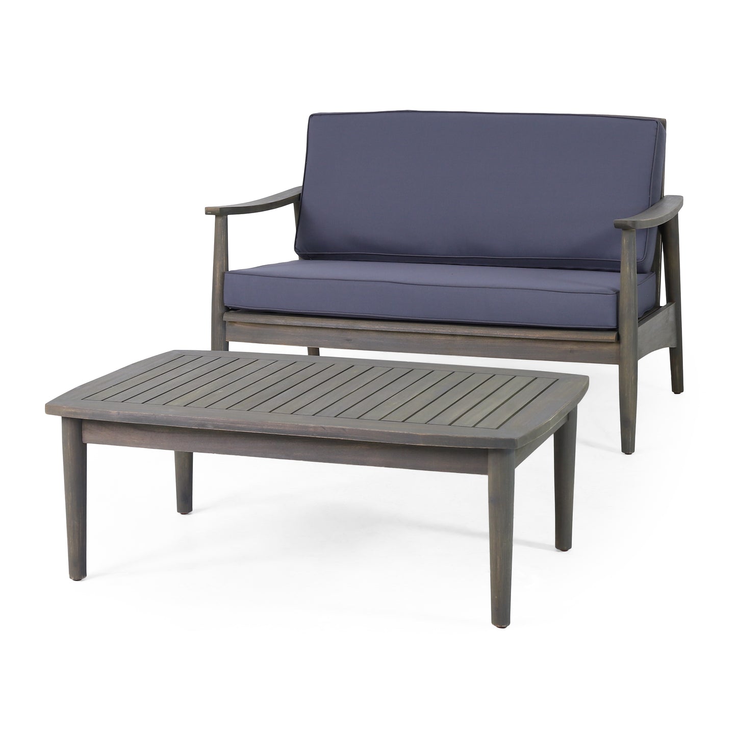 Dark gray cushioned loveseat and matching slatted coffee table set