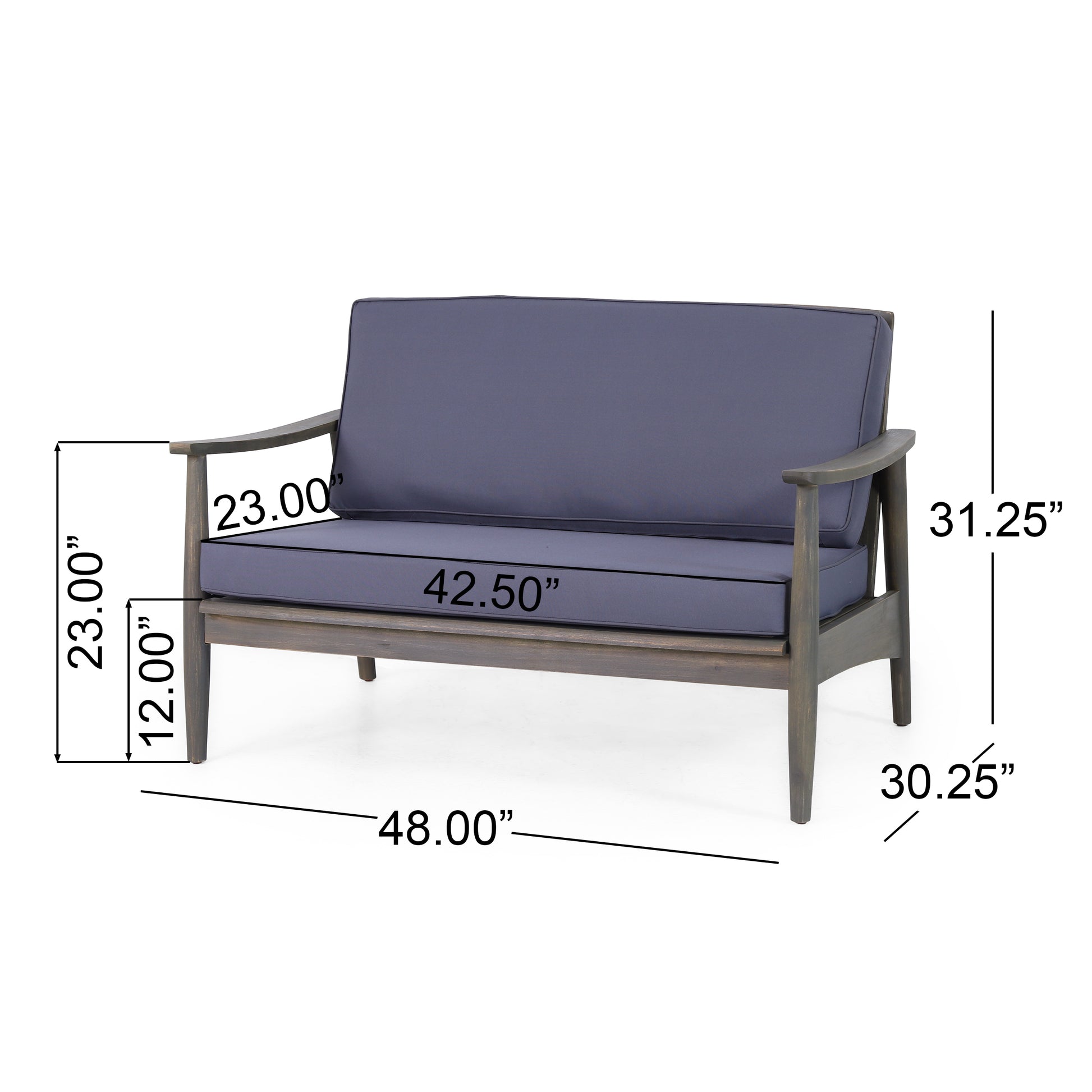 Gray acacia wood loveseat with plush navy cushions  W x  H x  D