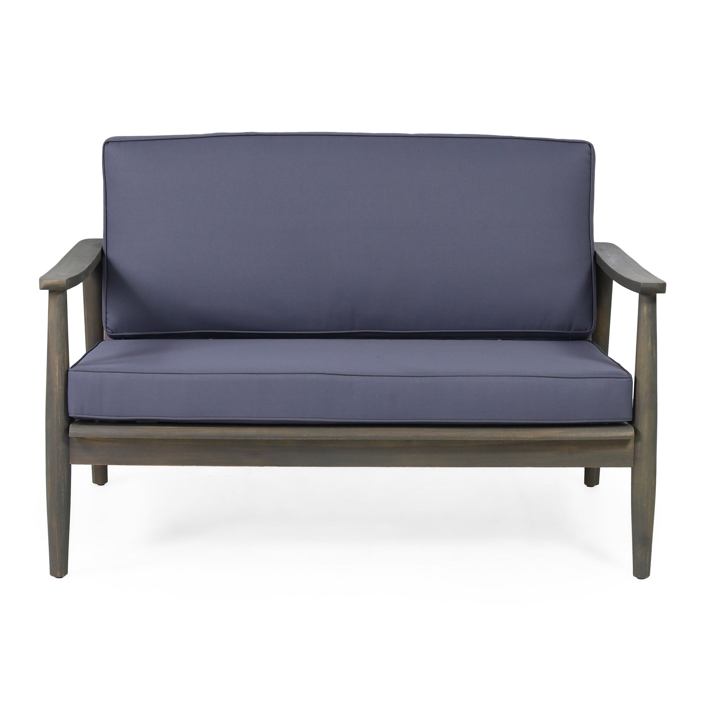 Modern gray outdoor loveseat with clean lines and comfortable cushions