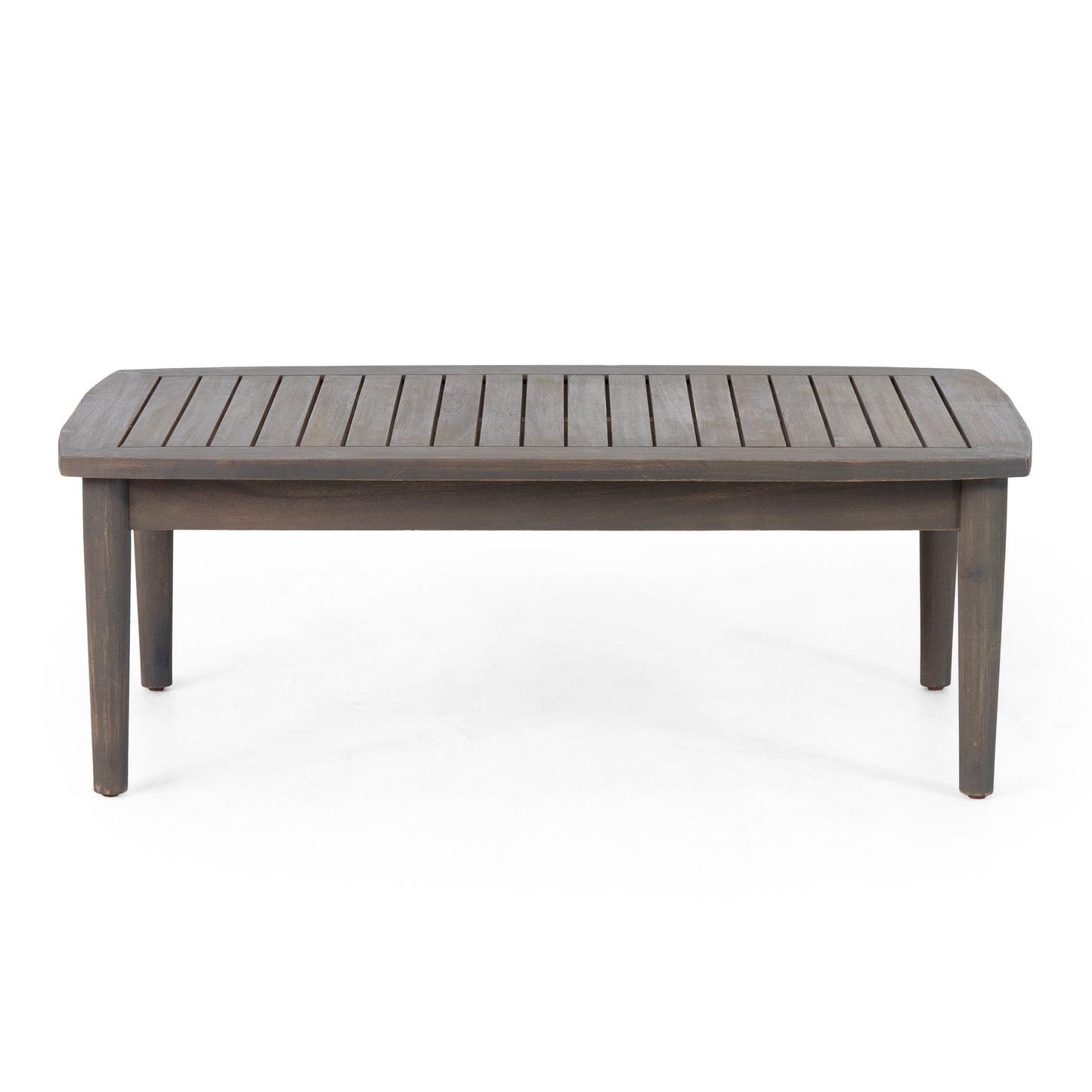 Dark brown slatted wood outdoor bench with slightly curved edges perfect for patio seating