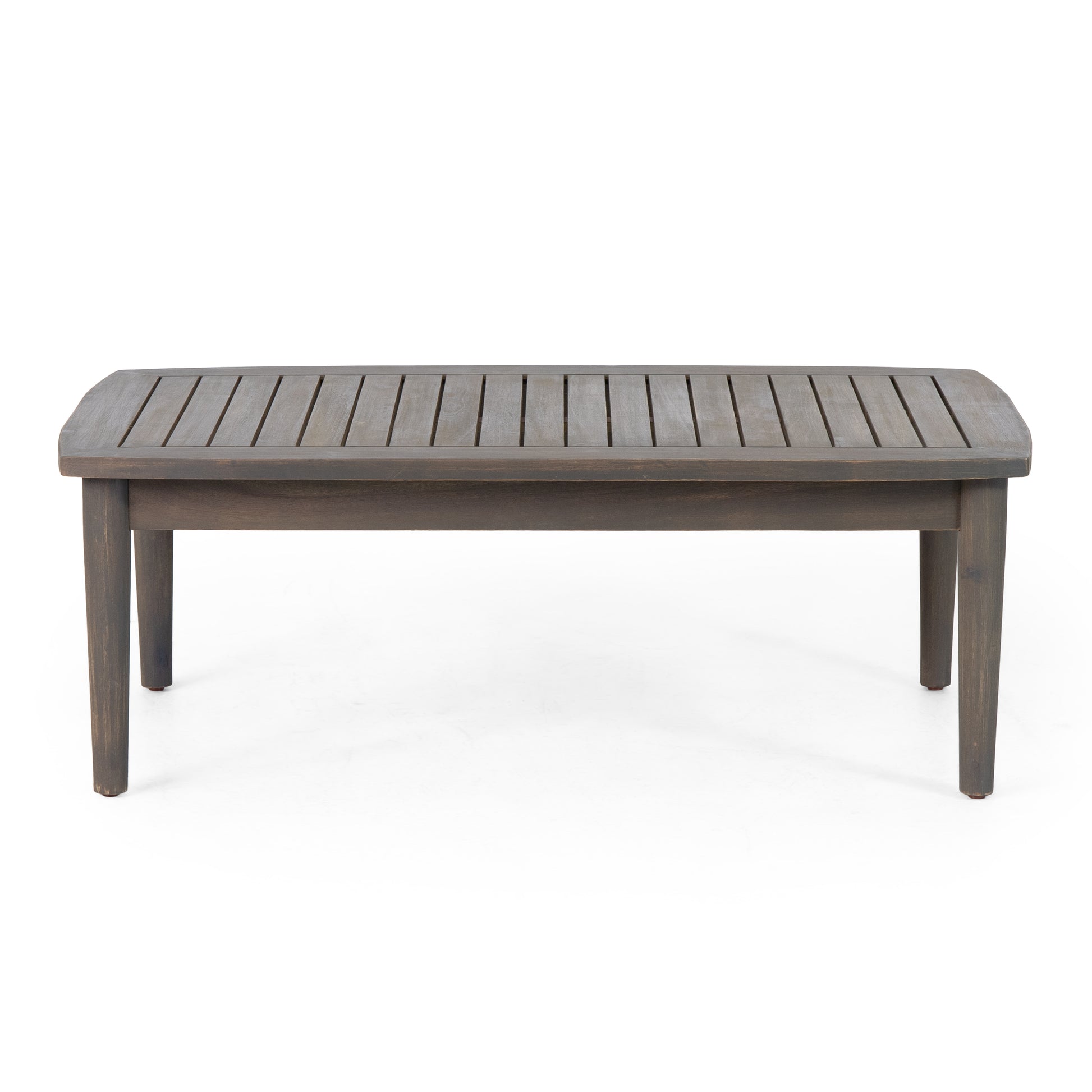Dark brown slatted wood outdoor bench with slightly curved edges perfect for patio seating