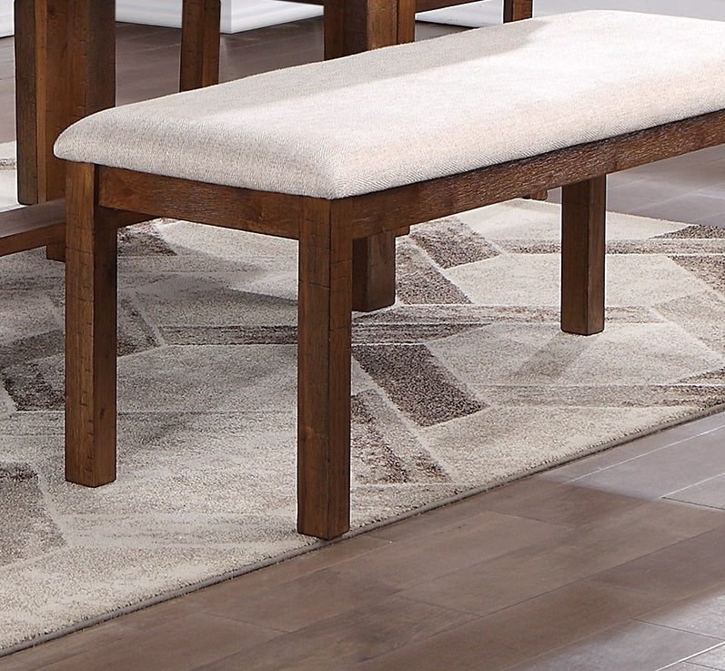 Rustic wooden dining bench with cream upholstered seat