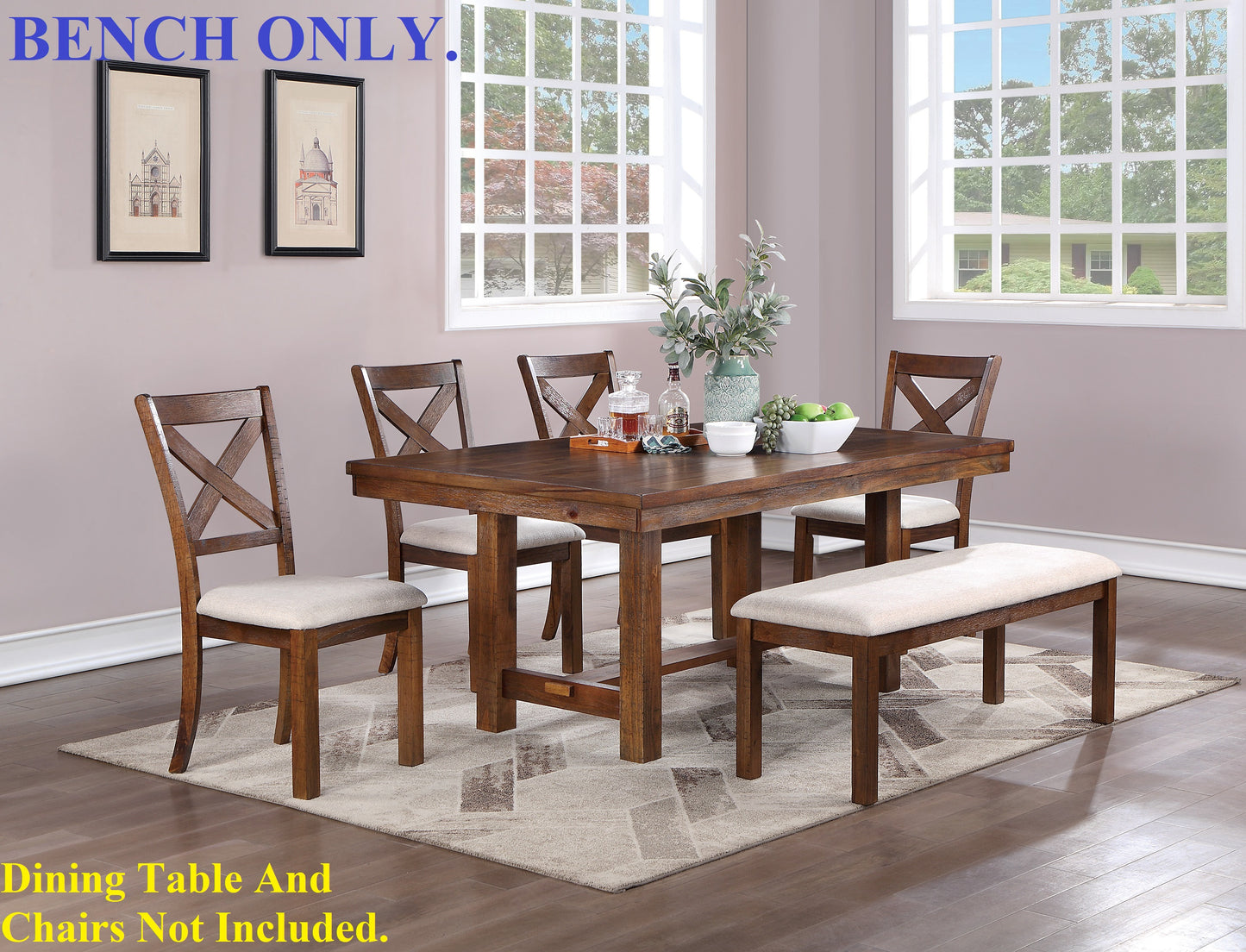 Wooden dining bench with beige upholstered seat