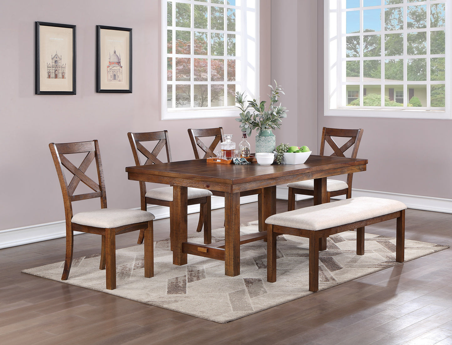 Rustic oak dining table with upholstered bench and chairs