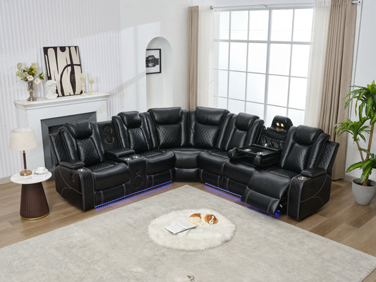Black leather sectional sofa with diamond quilting cup holders and LED lighting