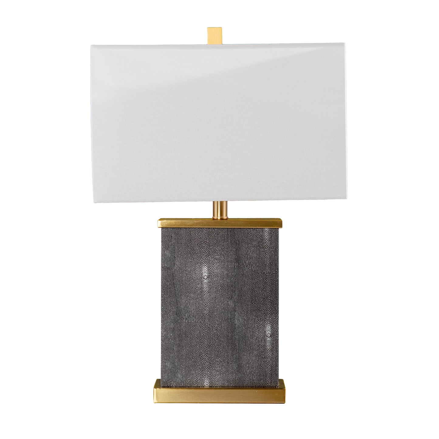 Rectangular table lamp with a textured grey shagreen base and brass accents