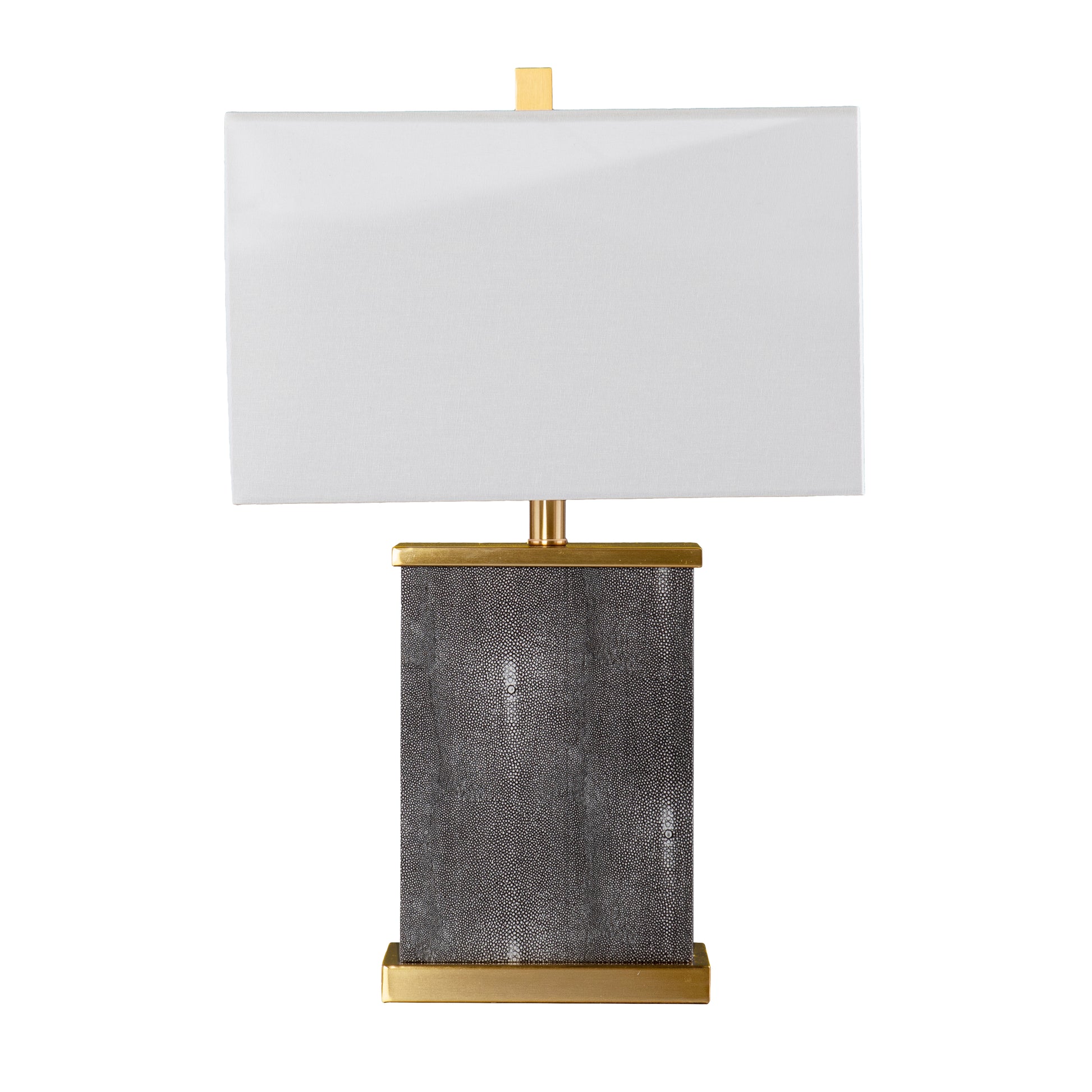 Rectangular table lamp with a textured grey shagreen base and brass accents
