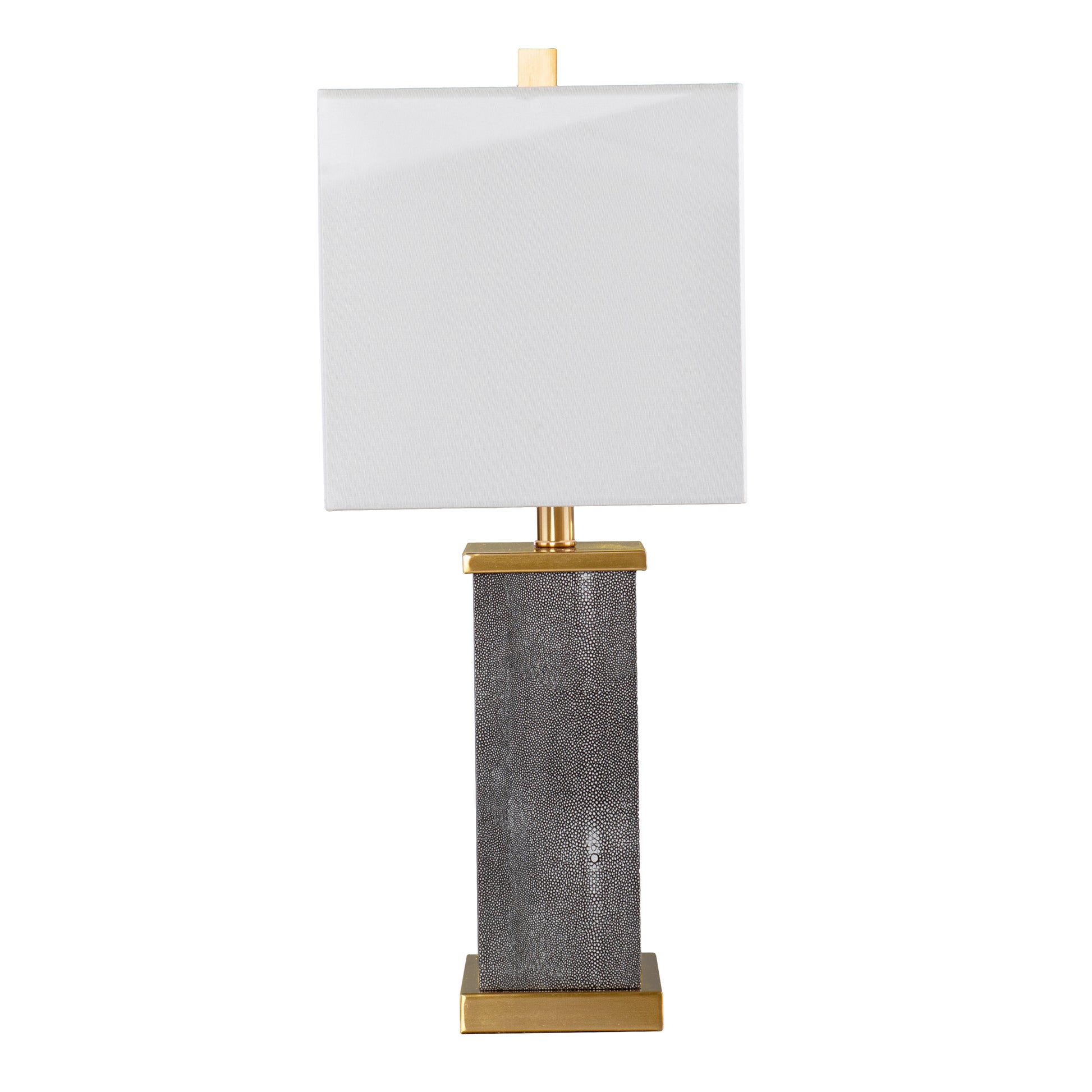 Elegant gray shagreen table lamp with gold accents and linen shade