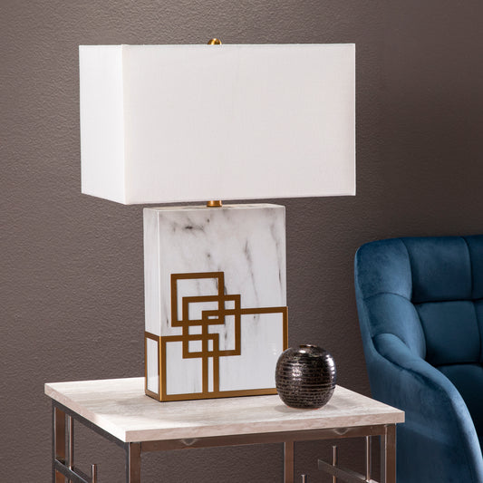 Rectangular white marble table lamp with gold geometric inlay and white linen shade