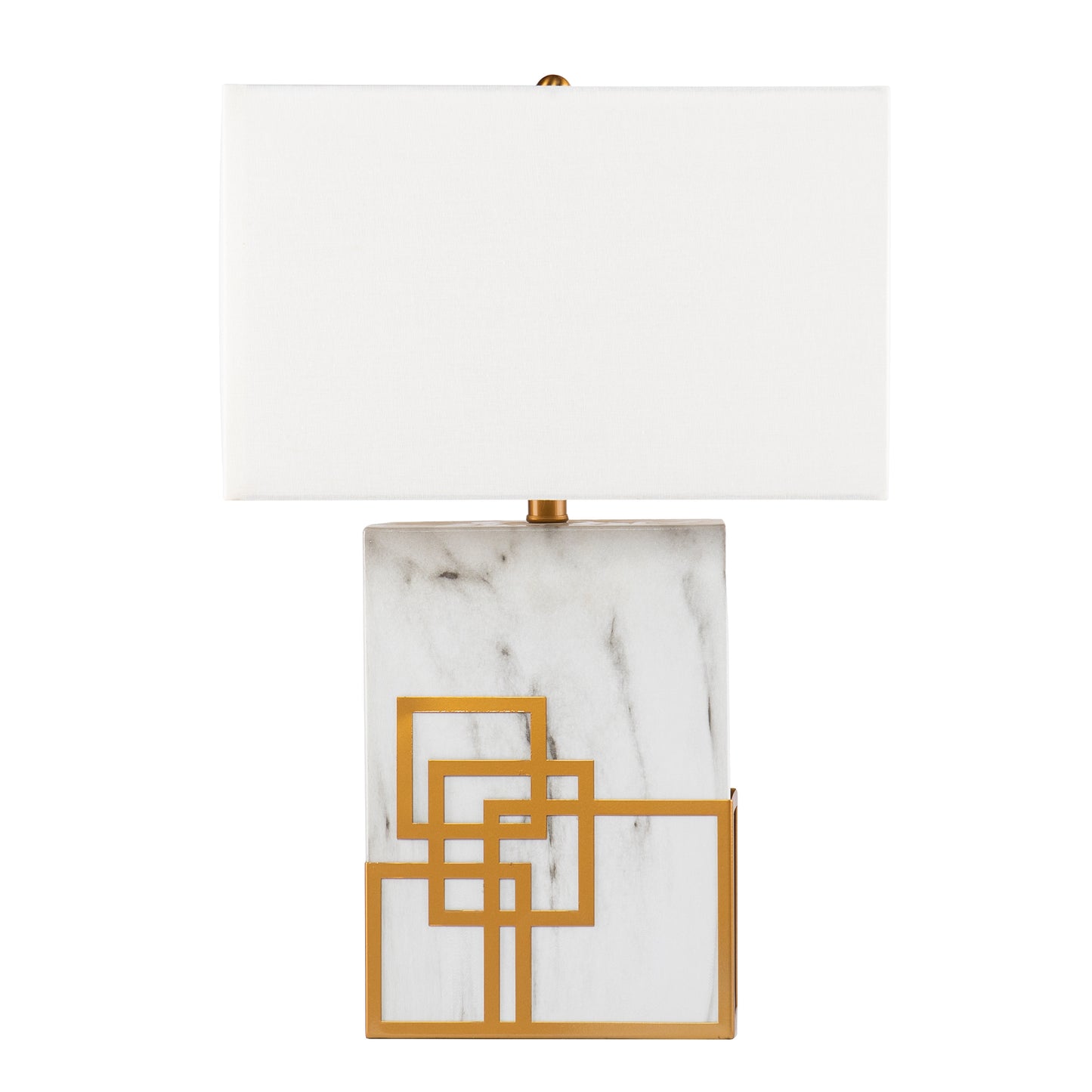Modern rectangular table lamp with white shade marble base and gold geometric inlay
